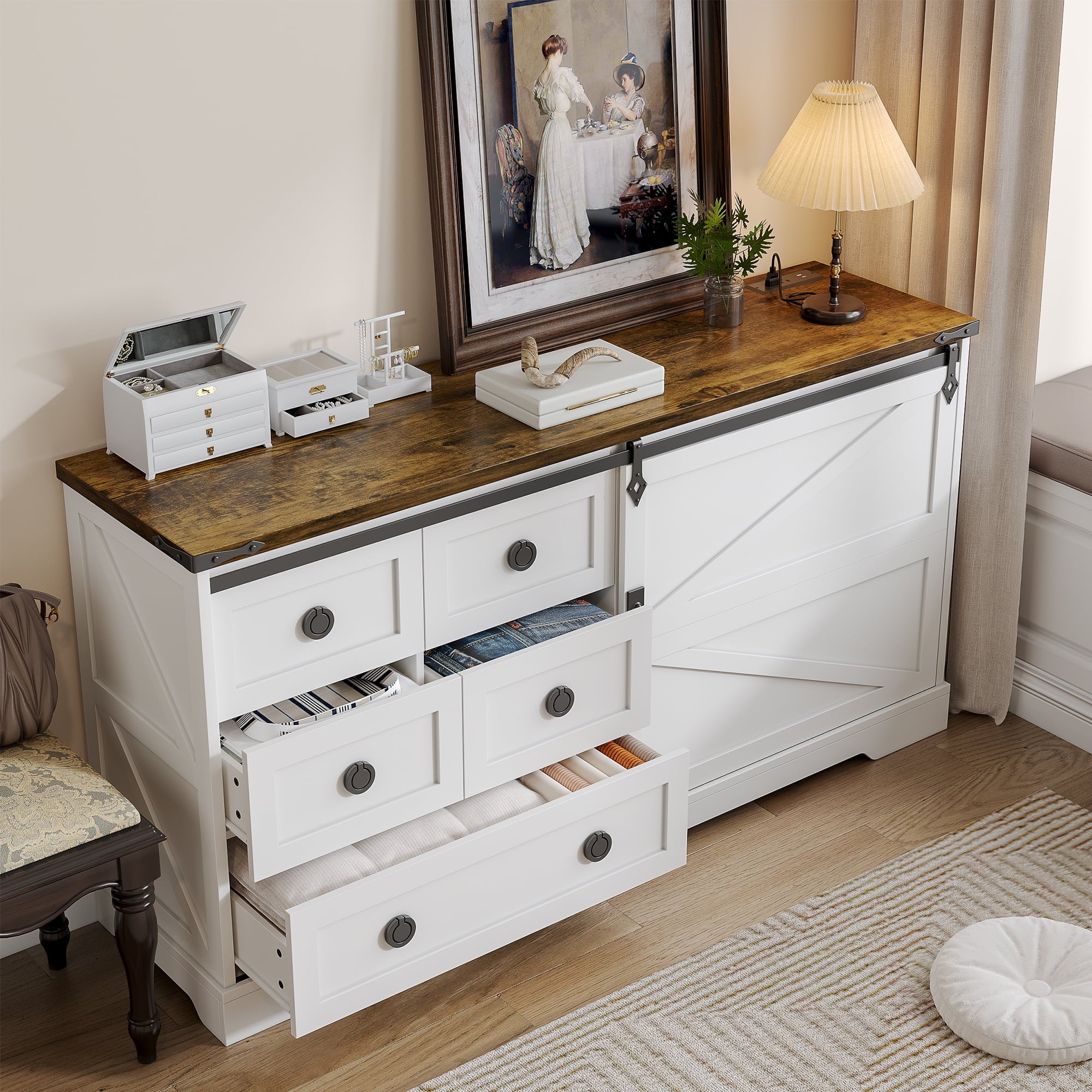 56" Farmhouse Dresser 5 Drawer with Charging Station, Sliding Barn Door Modern Storage Cabinet for Bedroom, Long Dresser Rustic Chest of Drawers Wood Organizer TV Stand for Living Room, Antique White