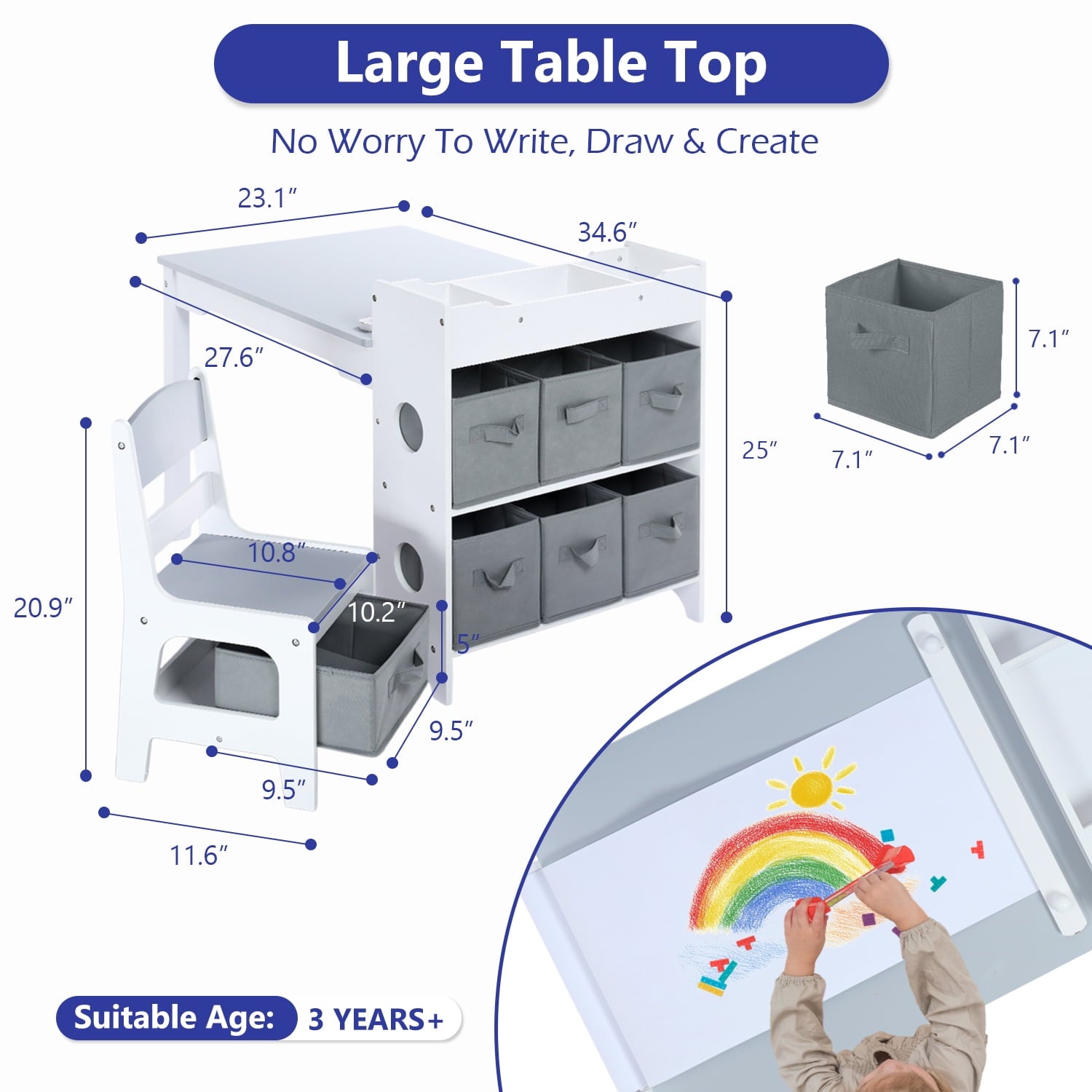 AILEEKISS Kids Table and Chair Set,Children Play Activity Desk for Drawing, Grey