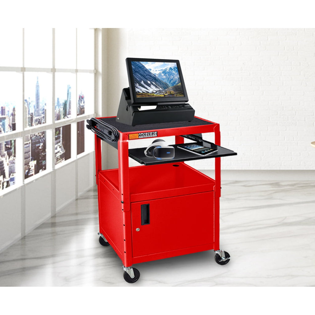 Adjustable Height Red Metal A/V Cart With Pullout Keyboard Tray And Cabinet