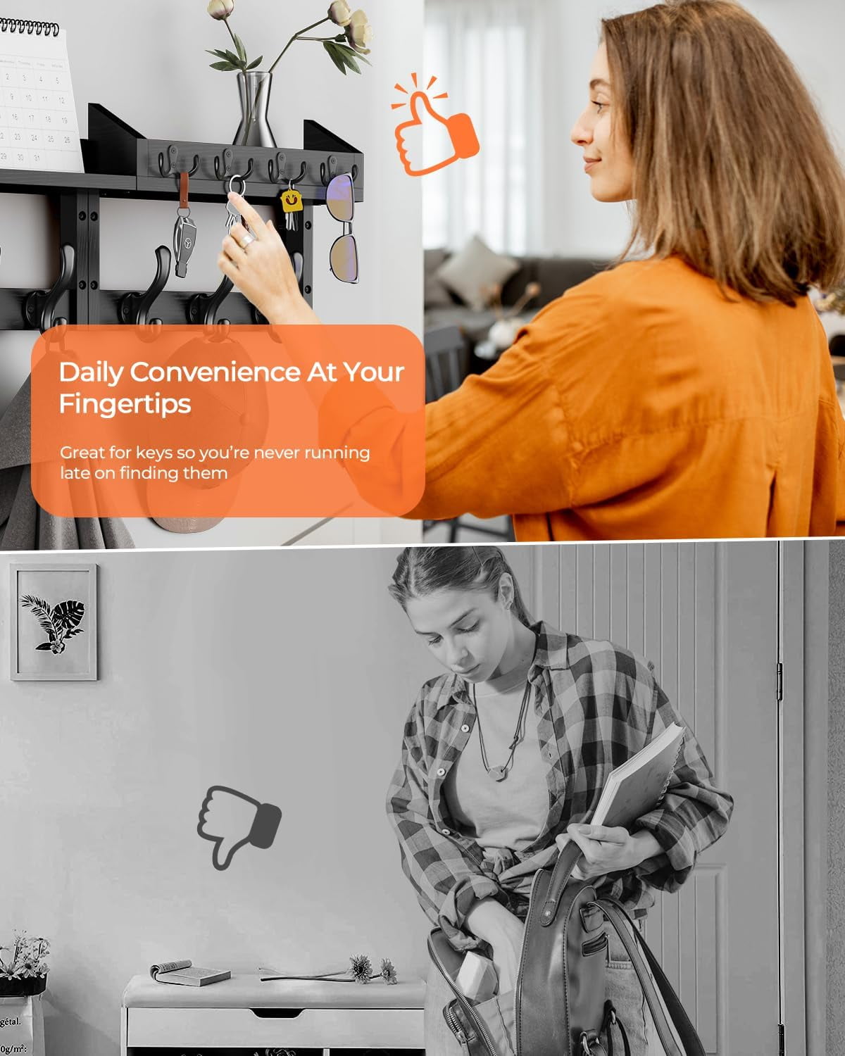 " Coat Rack Wall Mount with Shelf, 4 in 1 Entryway Key Holder with 7 Coat Hooks 4 Key Hangers Mail Organizer, Wood Wall Shelf for Living Room, Bedroom, Bathroom