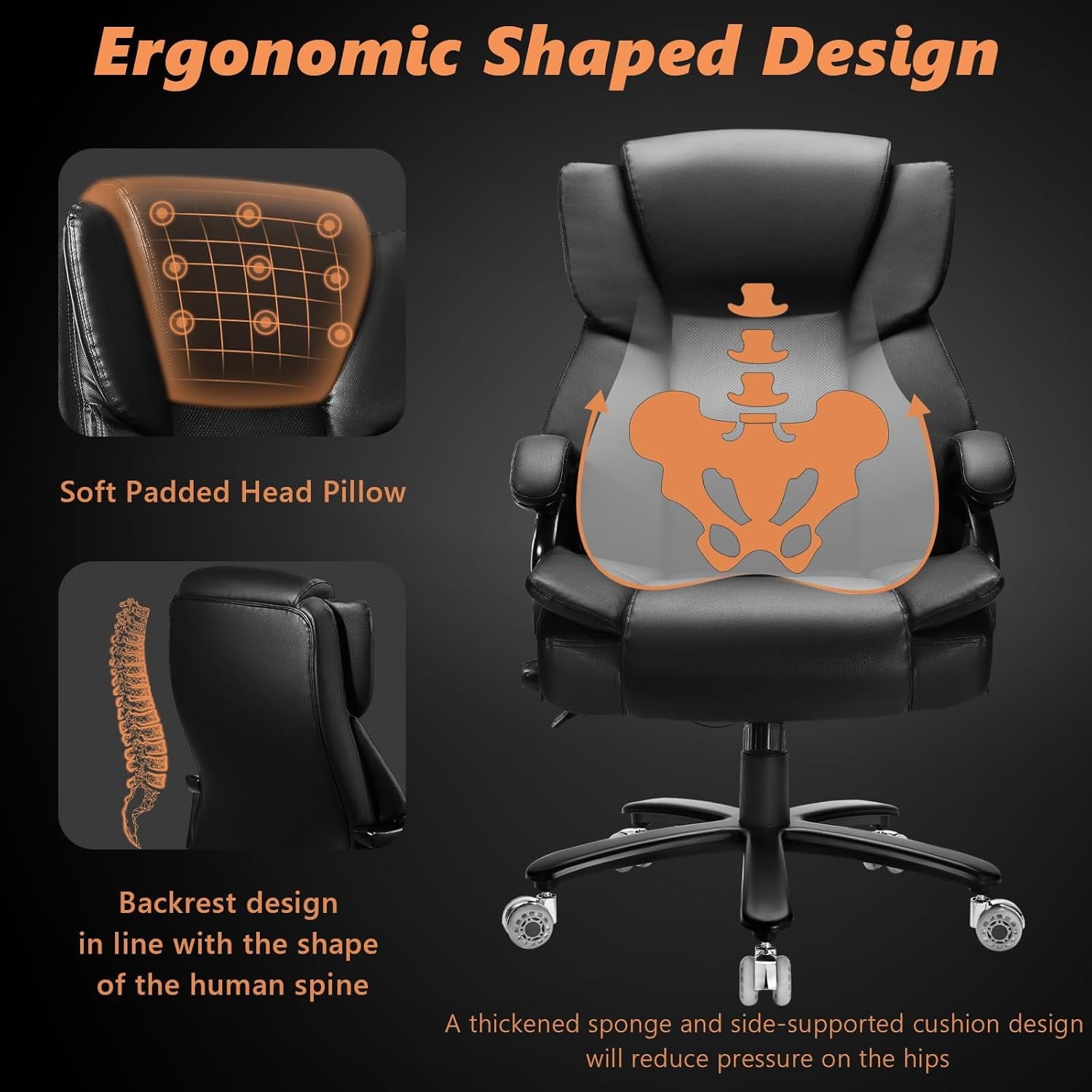 500lbs Big and Tall Office Chair with Dual Rubber Wheel, Heavy Duty Office Chair for Low Back Pain Relief, Large Executive Office Chair with Adjustable Lumbar Support