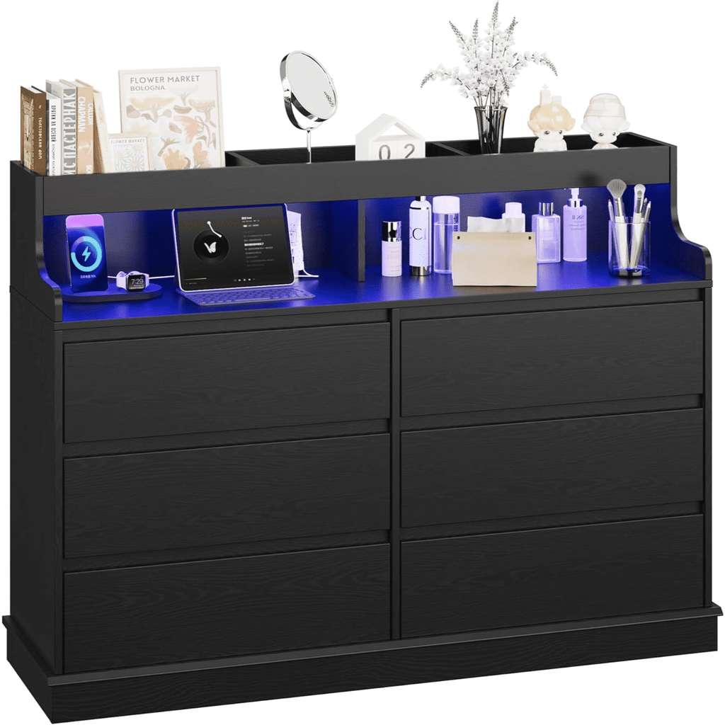 6 Drawers Dresser,Mid Century Modern Dresser with LED&Charging Station,Boho Dressers for Bedroom, Living Room, Hallway