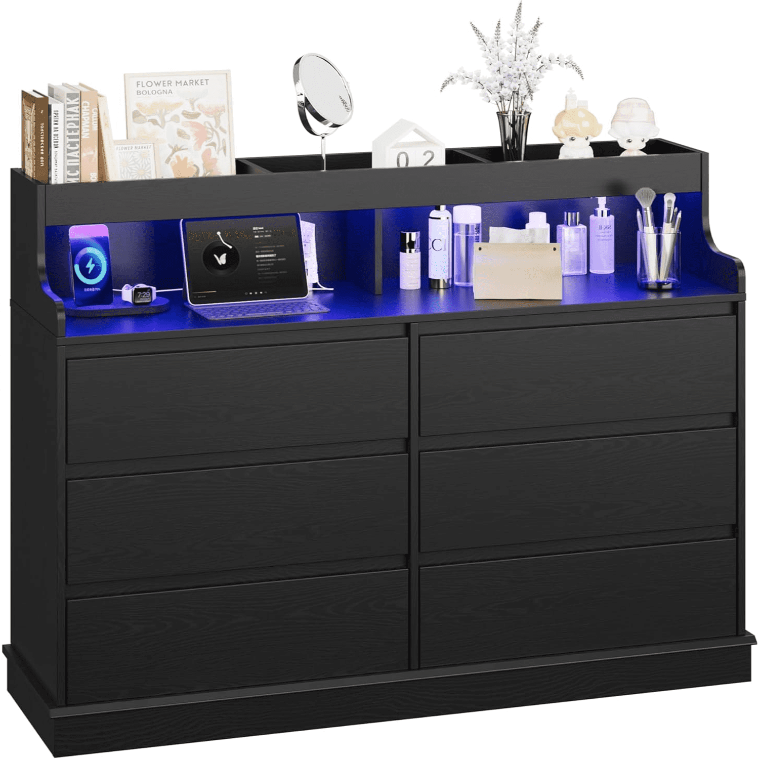 6 Drawers Dresser,Mid Century Modern Dresser with LED&Charging Station,Boho Dressers for Bedroom, Living Room, Hallway