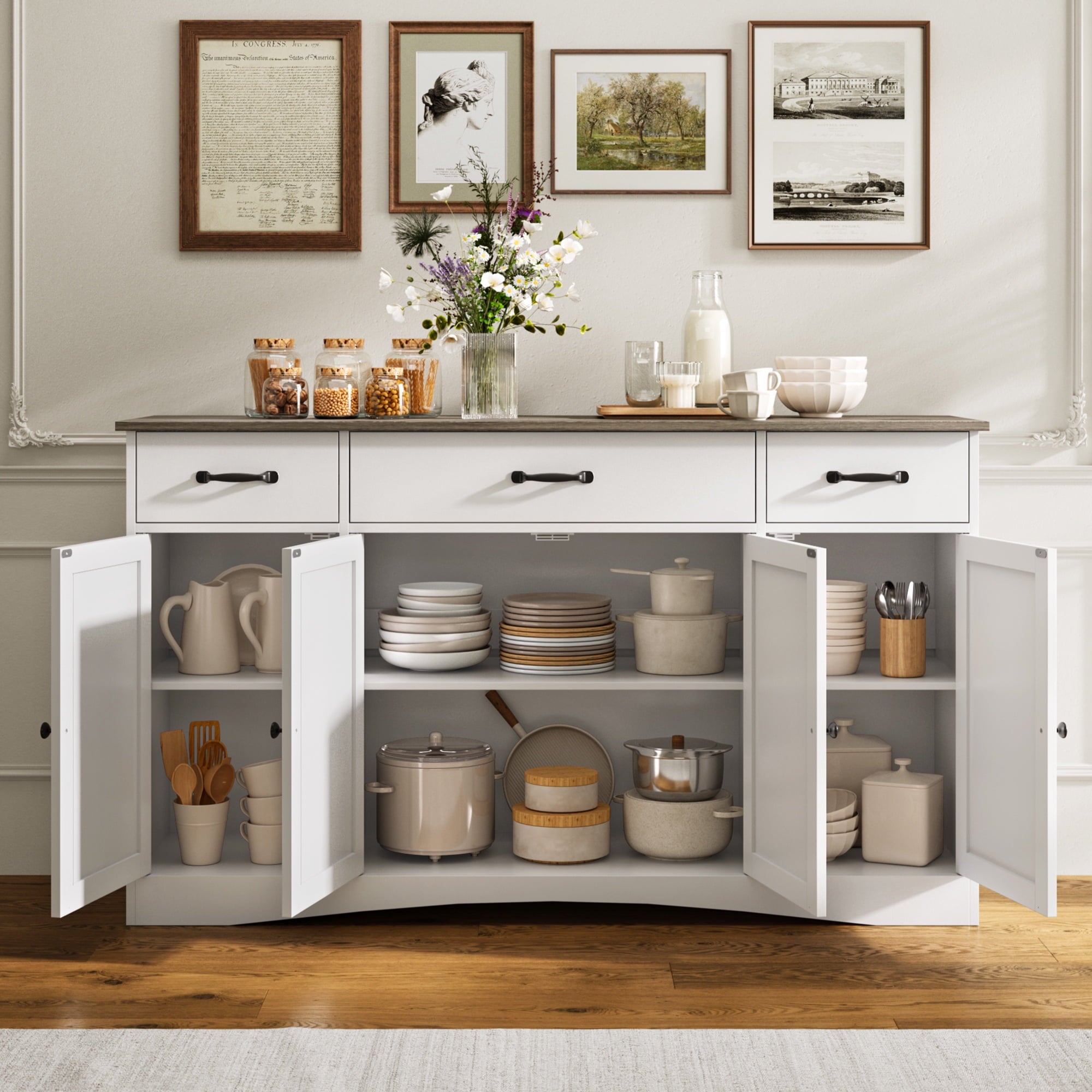 Aiho Modern Sideboard Buffet Cabinet with Storage – 55.1" W x 15.2" D x 31.9" H, Wooden Cabinet with Drawers and Doors for Dining Room, Kitchen, or Coffee Bar, White/Grey