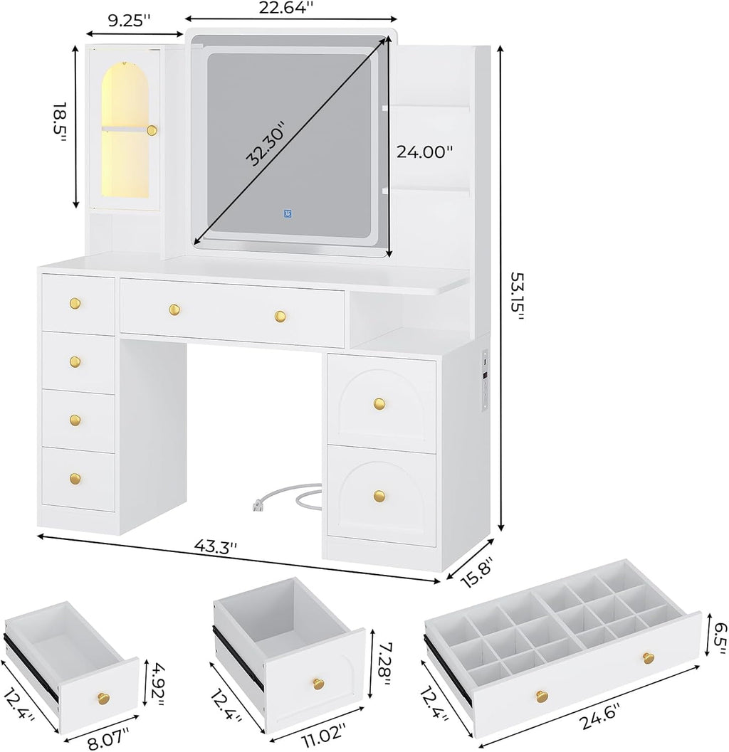 Aunfebrco Makeup Vanity Desk with Lighted Mirror and Drawers, Vanity Desk Table Dressing Table with Charging Station & Lights for Bedroom, White