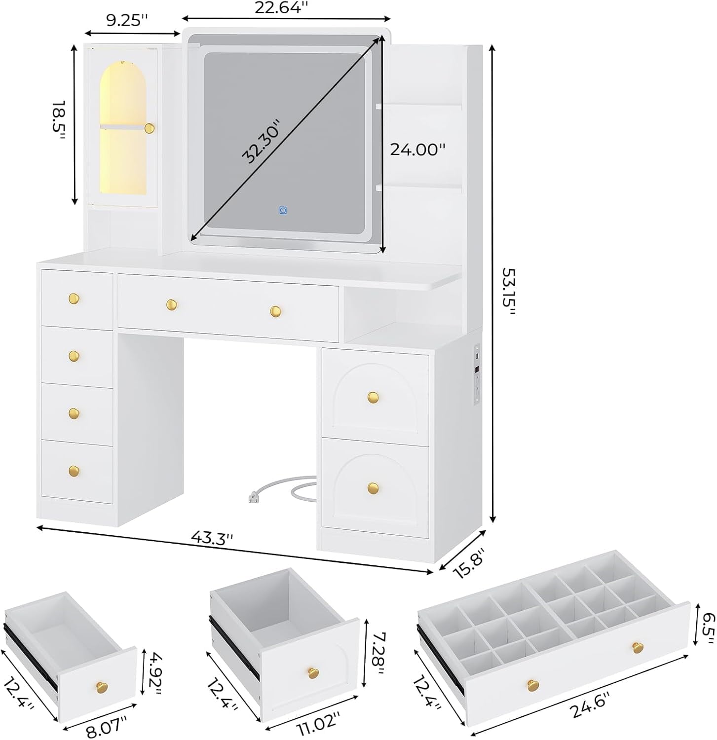 Aunfebrco Makeup Vanity Desk with Lighted Mirror and Drawers, Vanity Desk Table Dressing Table with Charging Station & Lights for Bedroom, White