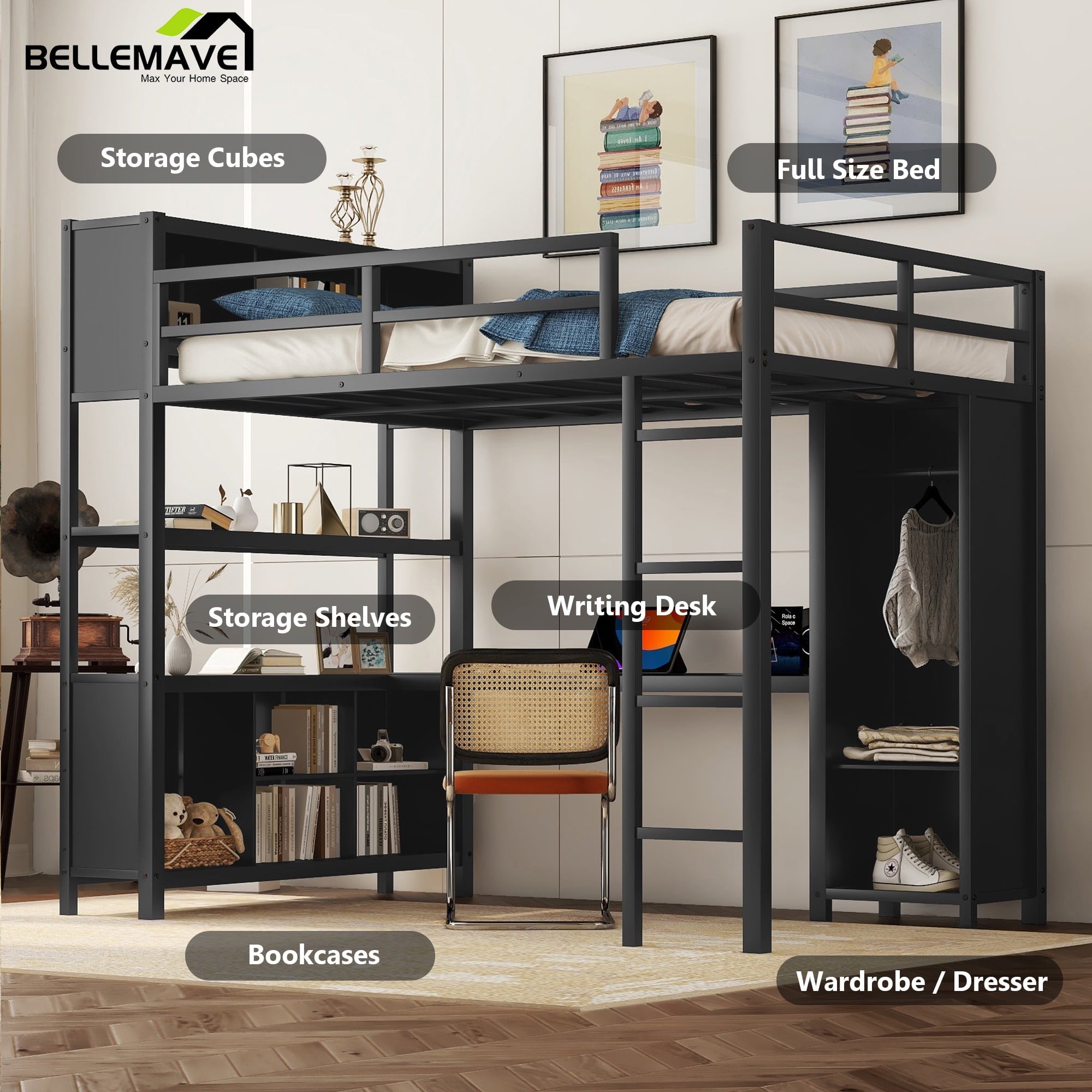 Bellemave Full Size Loft Bed with Desk and Storage, Metal Loft Bed Frame with Wardrobe, Storage Cubes and Shelves, Space Saving Loft Bed with Guardrails for Teens, Black