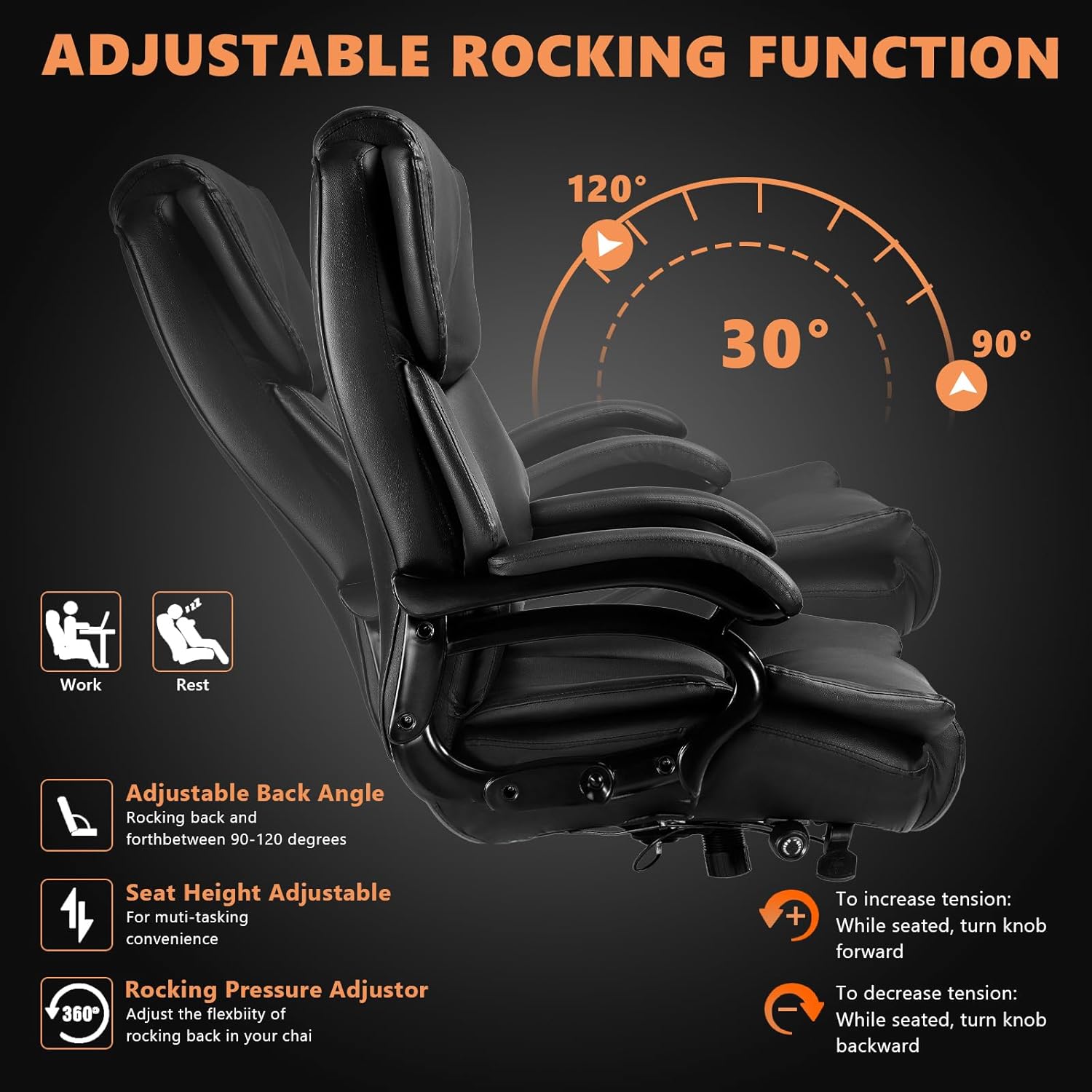 500lbs Big and Tall Office Chair with Dual Rubber Wheel, Heavy Duty Office Chair for Low Back Pain Relief, Large Executive Office Chair with Adjustable Lumbar Support