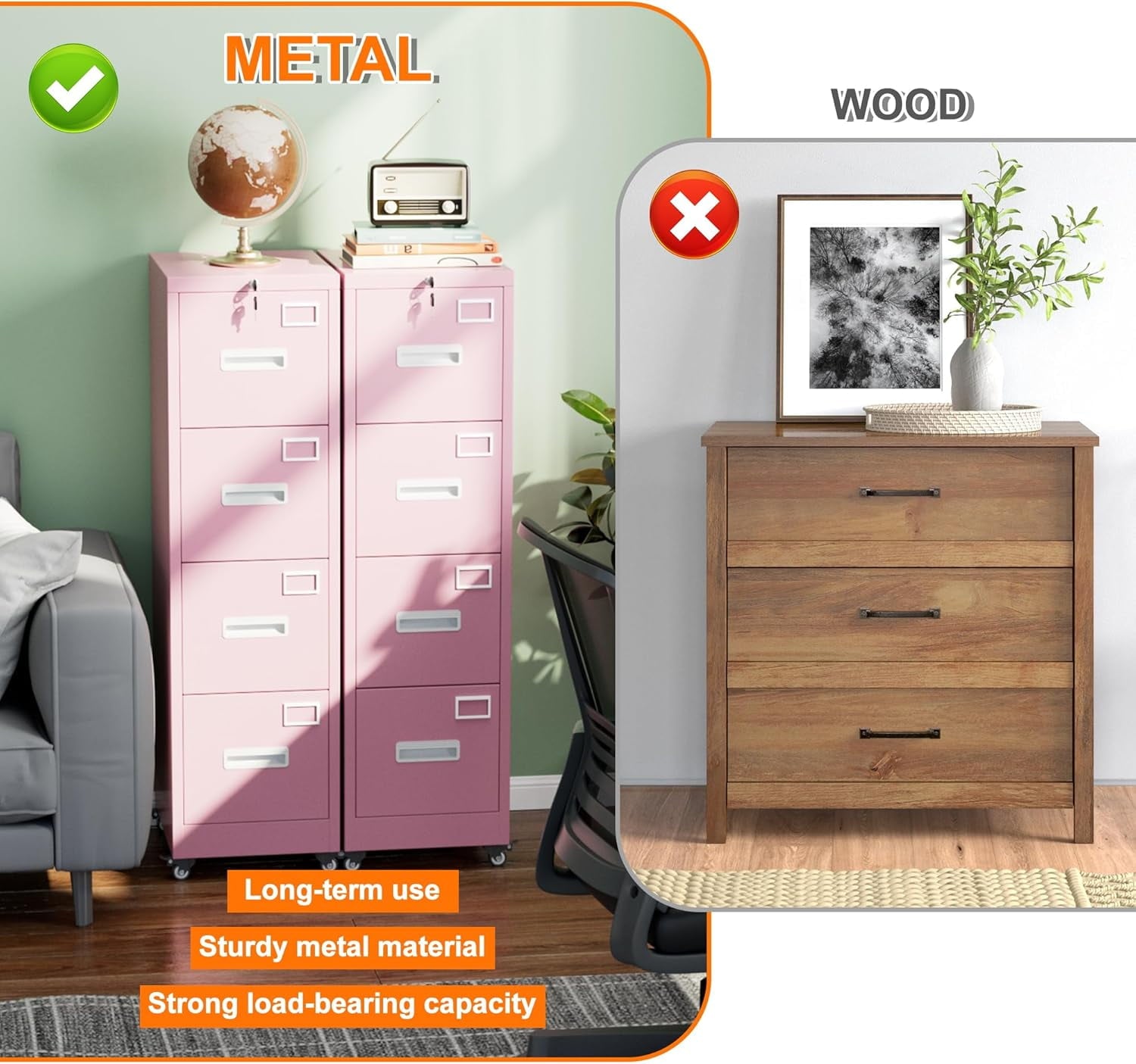 Aobabo File Cabinet 4 Drawer with Wheels, Lockable Office Metal Filing Cabinet with Name Card for Office and Home,Assembly Required,Pink