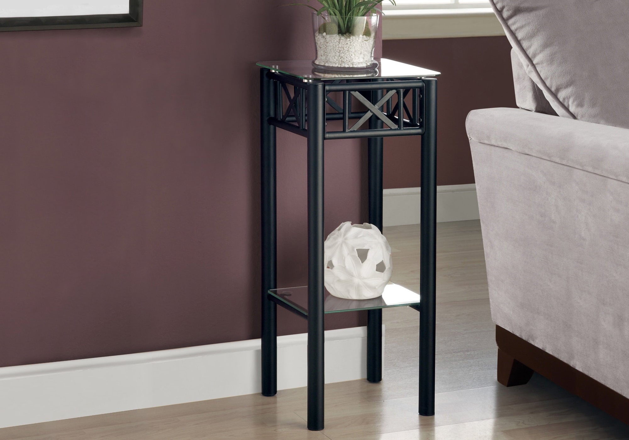 Accent Table, Side, End, Plant Stand, Square, Living Room, Bedroom, Metal, Tempered Glass, Black, Transitional