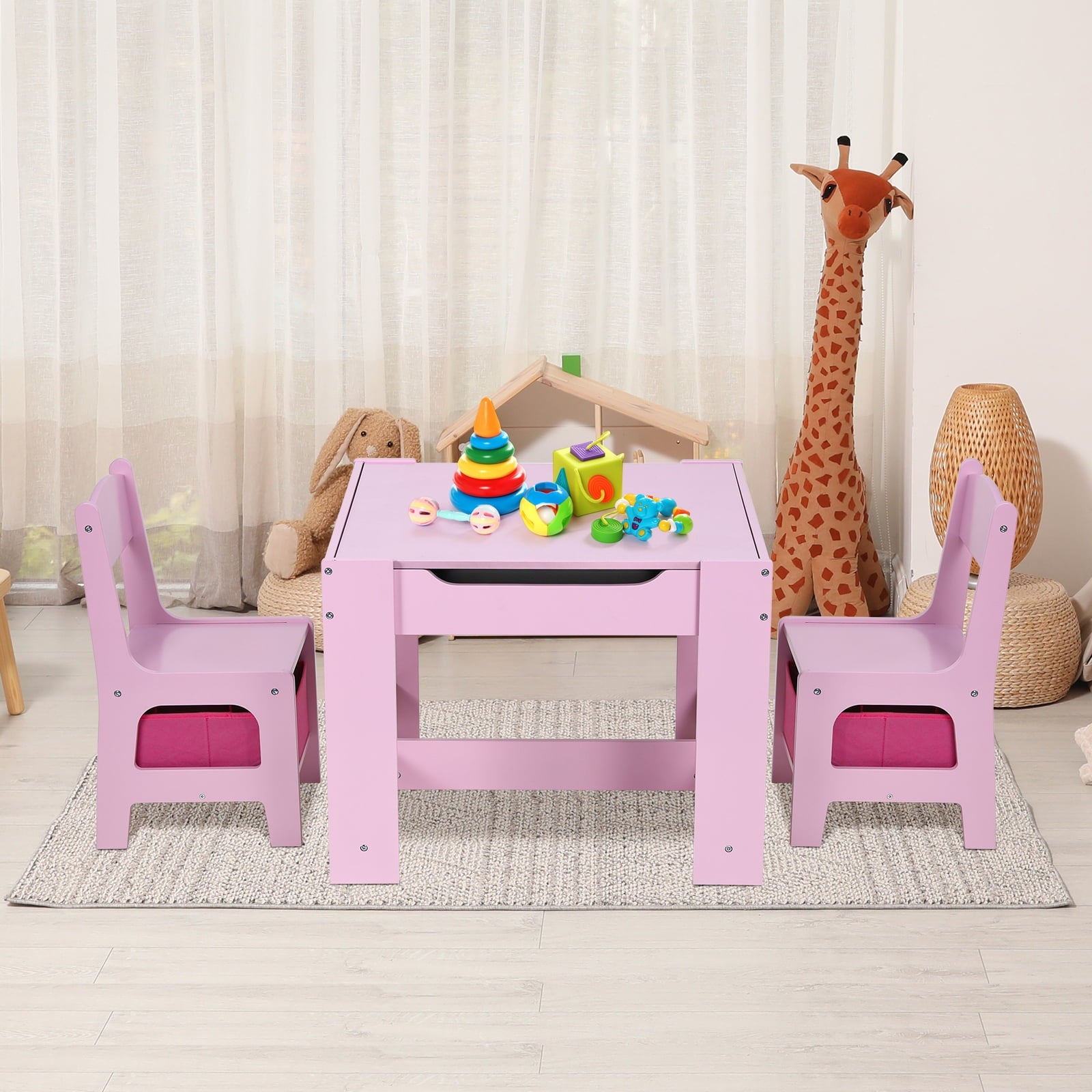 Arlopu Kids Table and 2 Chairs Set, Wooden 3pcs Activity Play Table Set for Toddlers Art Crafts Drawing Reading