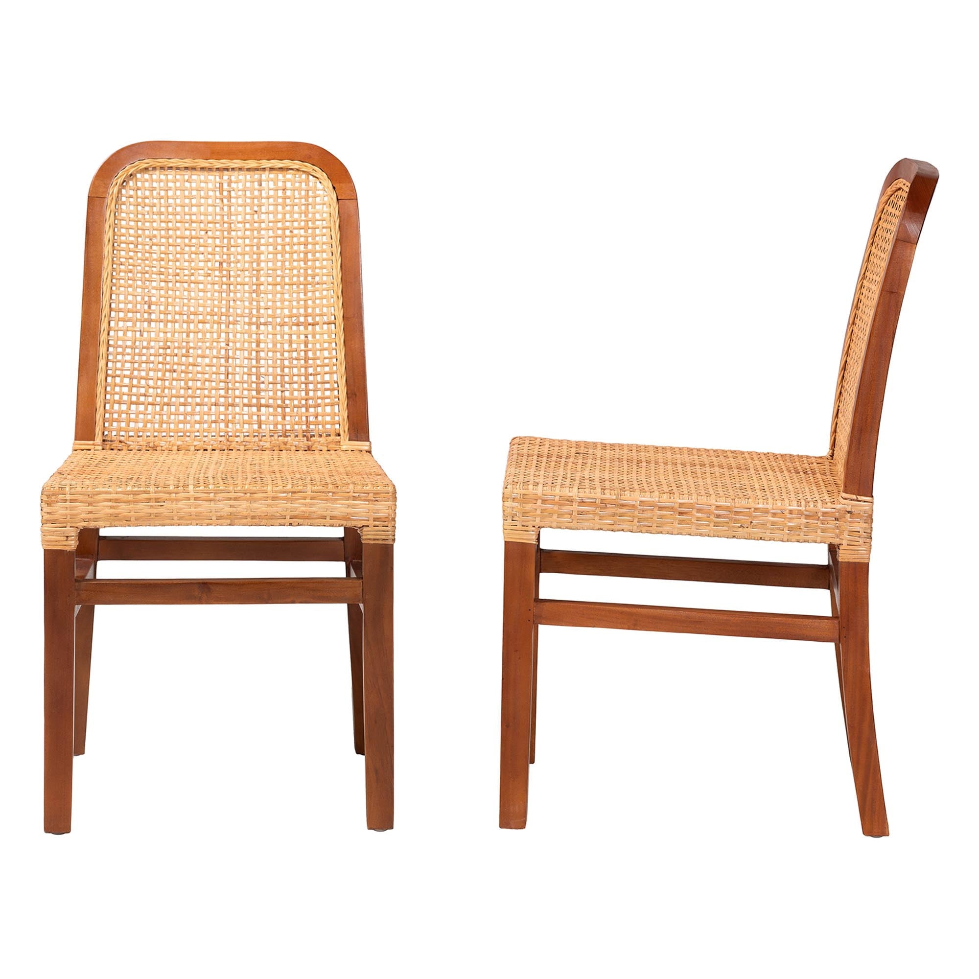 bali & pari Caspia Rattan and Mahogany wood Mid-Century Dining Chairs, Set of 2, Natural Brown