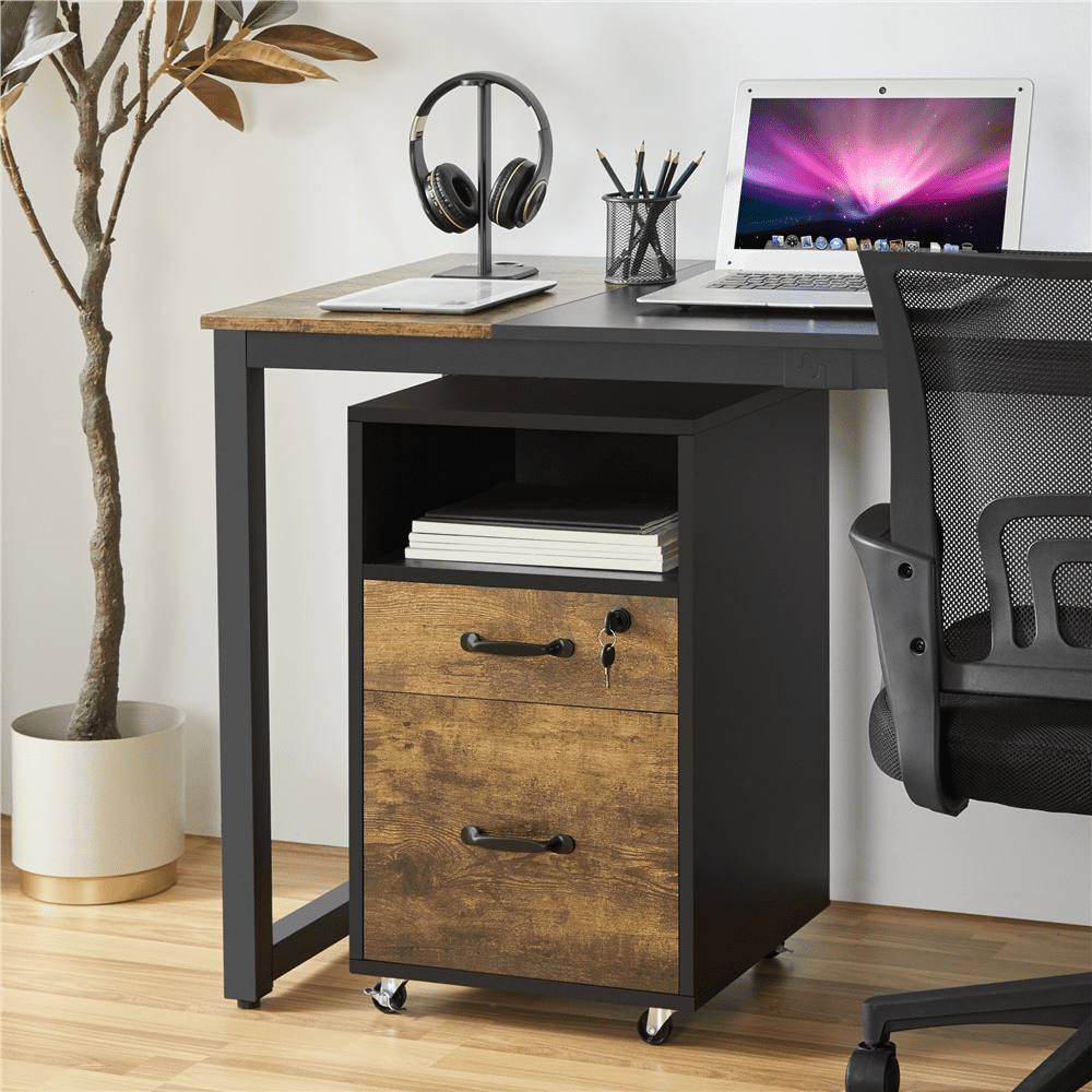 Alden Design Rolling Wooden File Cabinet with 2 Drawers and Shelf, Black/Rustic Brown