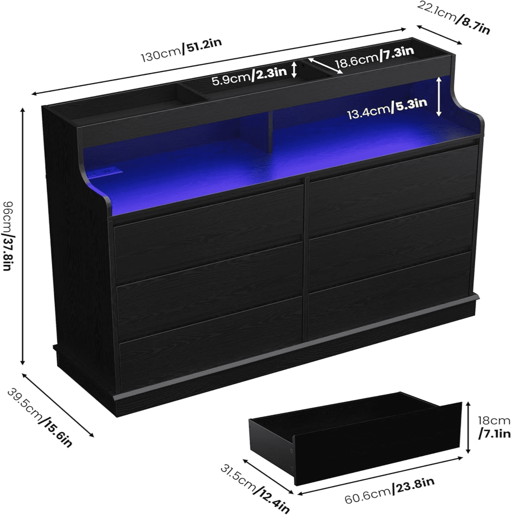 6 Drawers Dresser,Mid Century Modern Dresser with LED&Charging Station,Boho Dressers for Bedroom, Living Room, Hallway