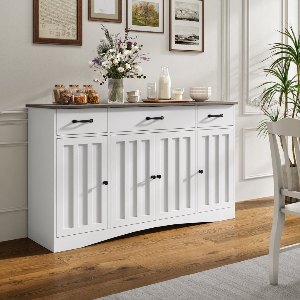 Aiho Modern Sideboard Buffet Cabinet with Storage – 55.1" W x 15.2" D x 31.9" H, Wooden Cabinet with Drawers and Doors for Dining Room, Kitchen, or Coffee Bar, White/Grey