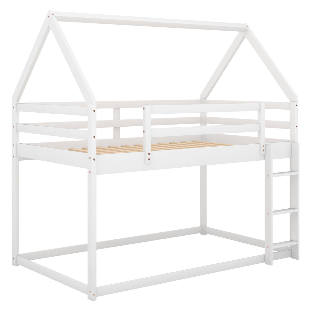 Aukfa Low Bunk Bed, Twin-Over-Twin House Bed Frame for Kids with Stair - White