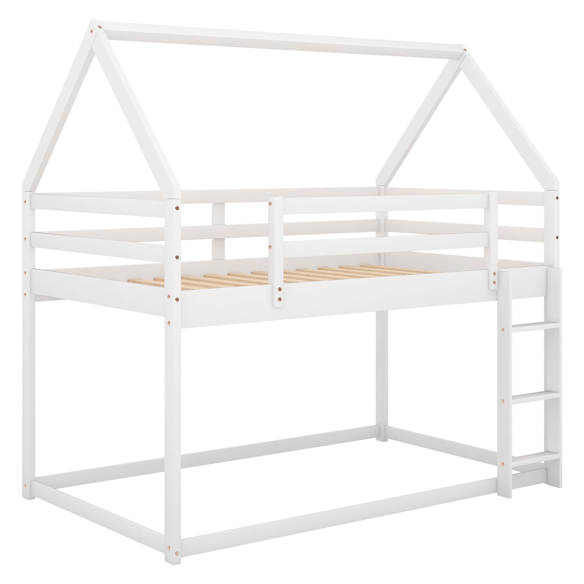 Aukfa Low Bunk Bed, Twin-Over-Twin House Bed Frame for Kids with Stair - White