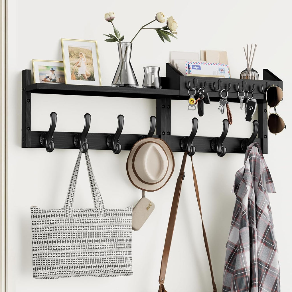 " Coat Rack Wall Mount with Shelf, 4 in 1 Entryway Key Holder with 7 Coat Hooks 4 Key Hangers Mail Organizer, Wood Wall Shelf for Living Room, Bedroom, Bathroom