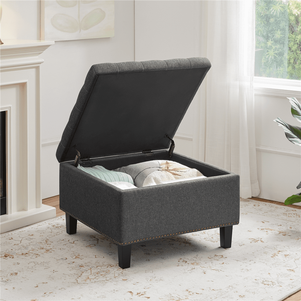 Alden Design Modern Linen-like Storage Ottoman Bench with Button-Tufted for Entryway, Dark Gray