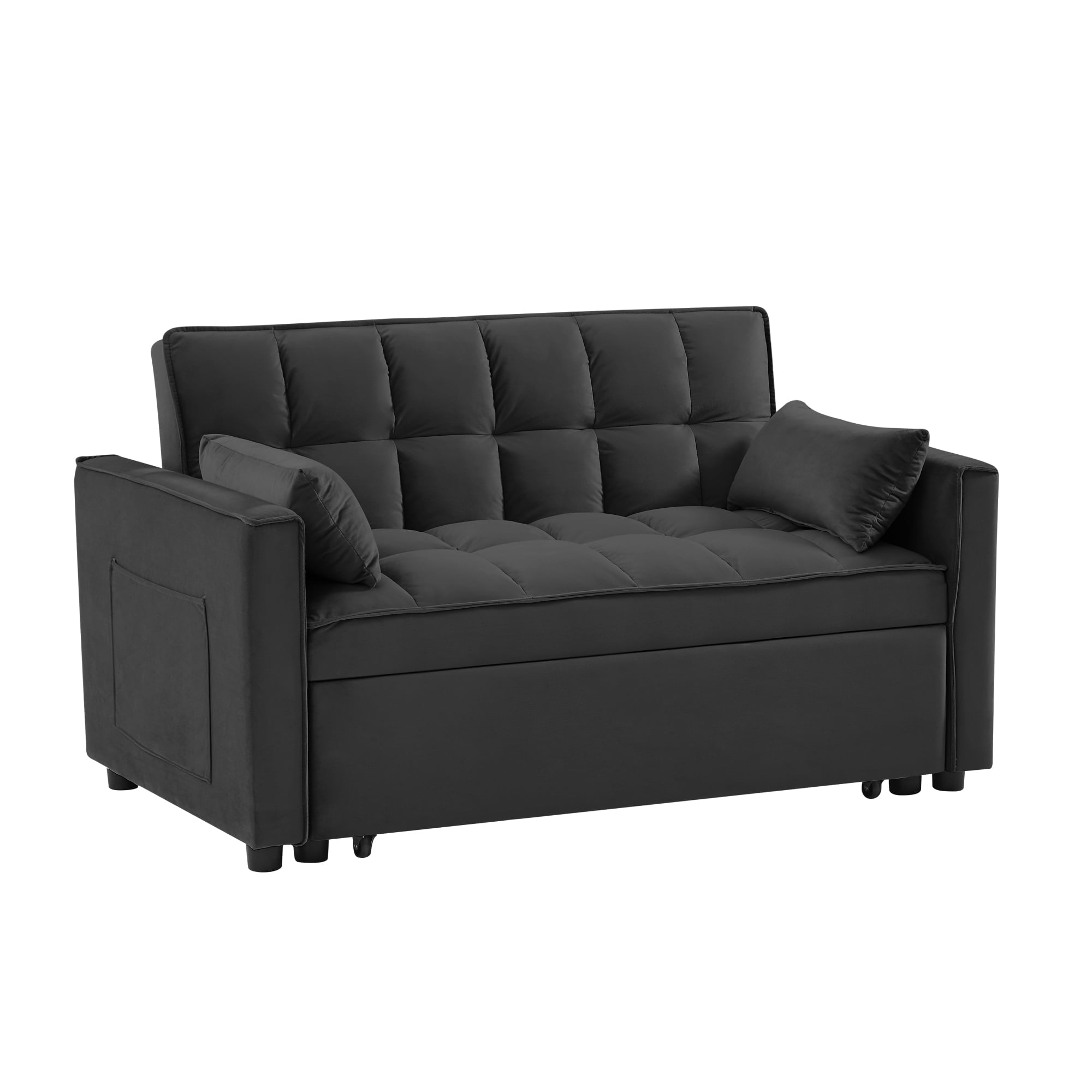 3 in 1 Sleeper ,55" Modern Velvet Convertible Pull Out Bed, Loveseat with 2 Toss Pillows and Adjustable Backrest for ,Black