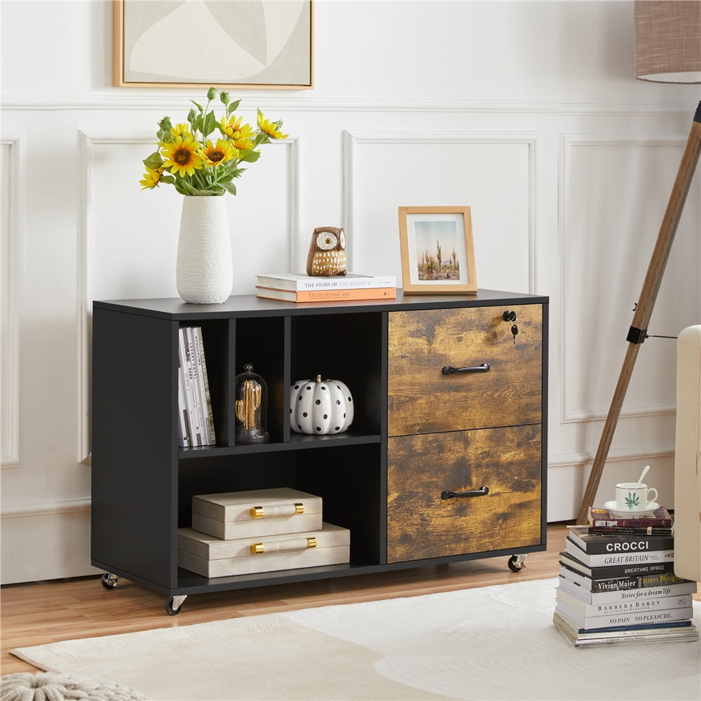 Alden Design Designs Rolling File Cabinet with 2 Drawers and Open Shelving, Rustic Brown