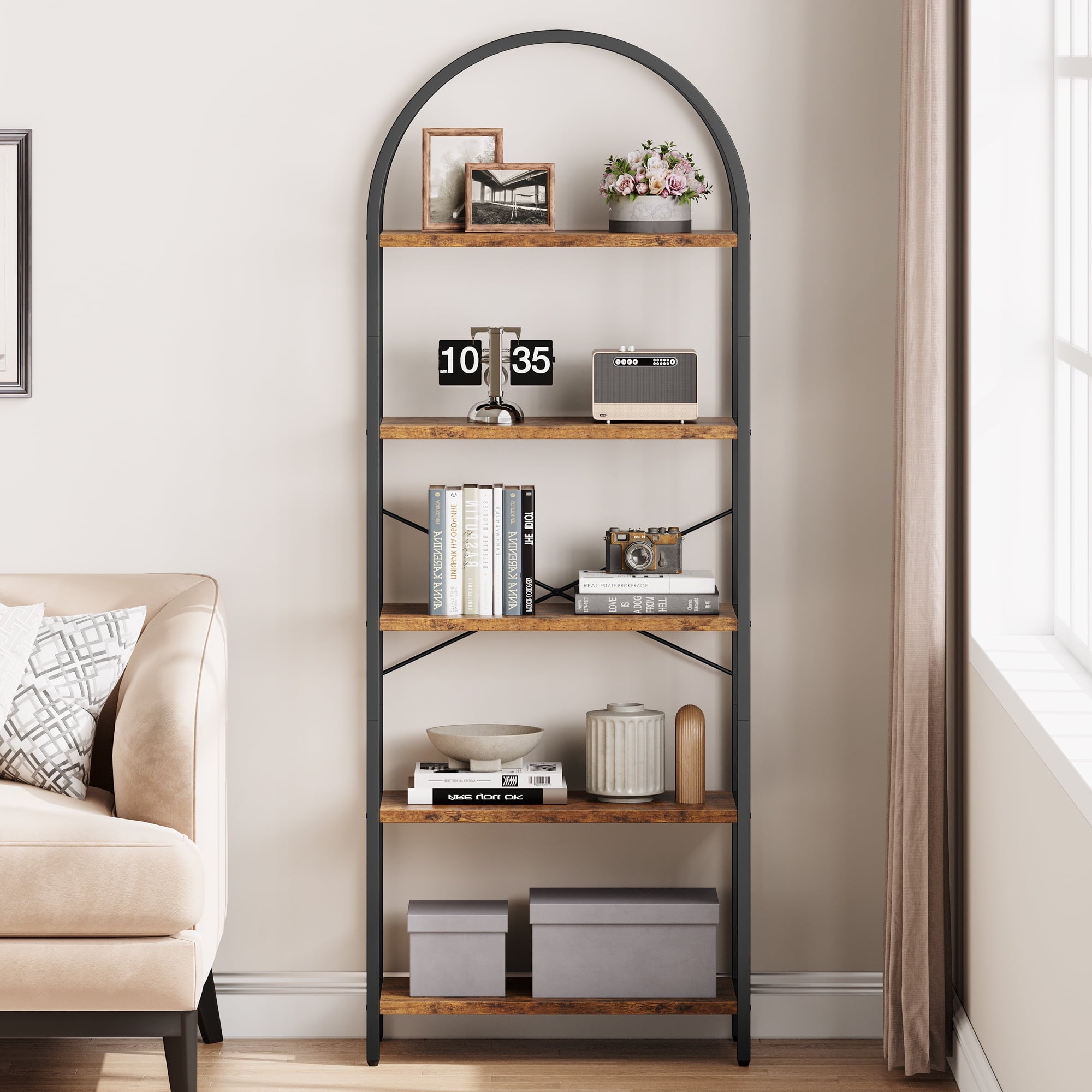 Arched Bookshelf, 5-Tier Open Bookshelf, Modern Storage Bookcase with Metal Frame and Shelves, Freestanding Display Rack Tall Shelving Unit for Bedroom, Living Room, Home Office