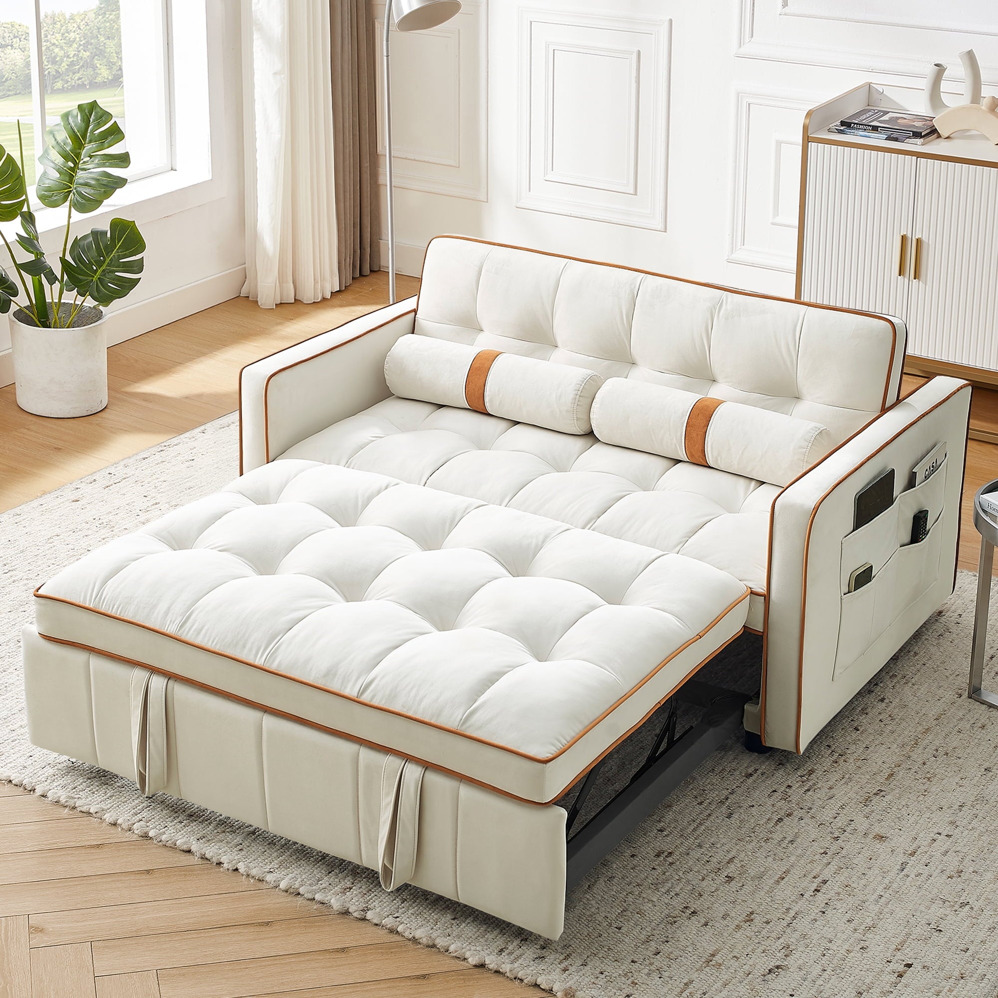 3 in 1 Convertible Sleeper Sofa Bed,55" Modern Velvet Sofa Couch Bed with 2 Lumbar Pillows and Adjsutable Backrest,2 Seater Loveseats Sofa for Apartment Office Living Room,Gray