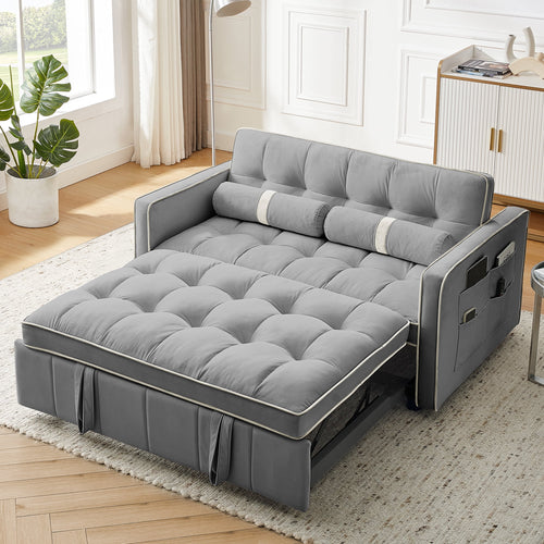 3 in 1 Convertible Sleeper Sofa Bed,55" Modern Velvet Sofa Couch Bed with 2 Lumbar Pillows and Adjsutable Backrest,2 Seater Loveseats Sofa for Apartment Office Living Room,Gray