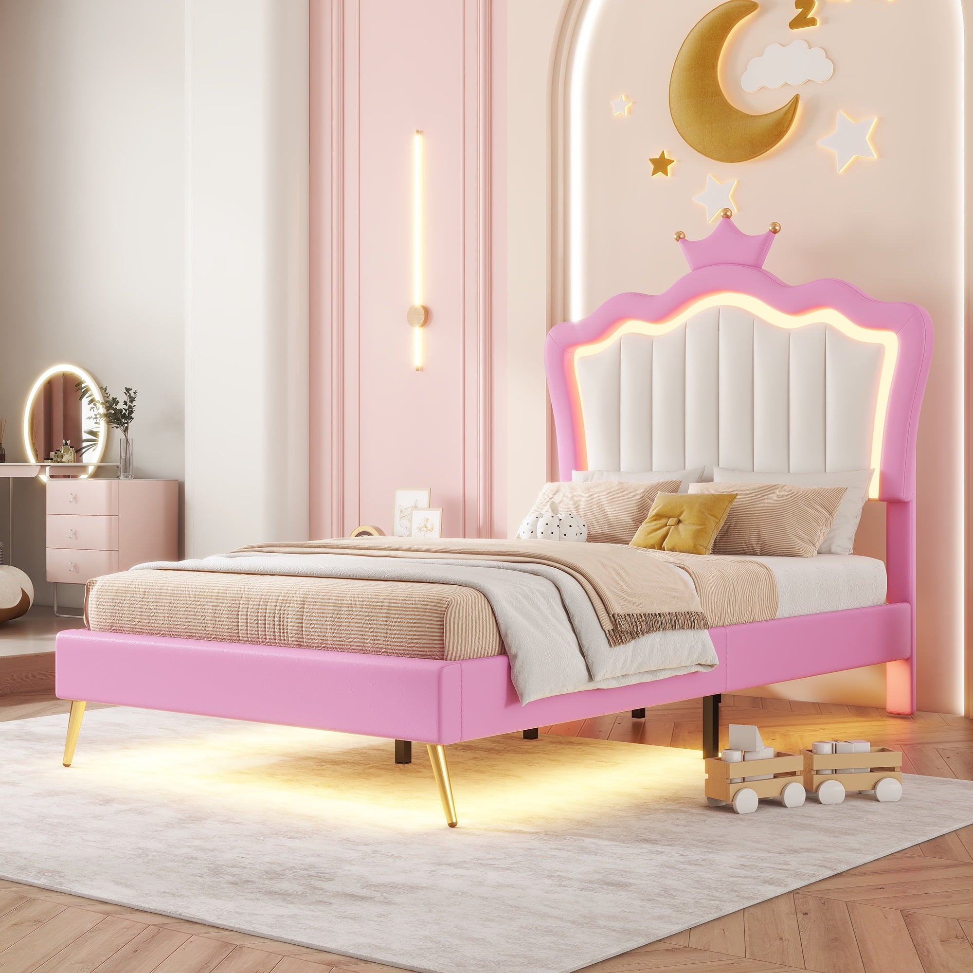 Bellemave Twin Size Upholstered LED Bed Frame, Princess Platform Bed with Crown Headboard, Pink Cute Girls Full Beds with Wooden Slats Support, No Box Spring Needed-Pink
