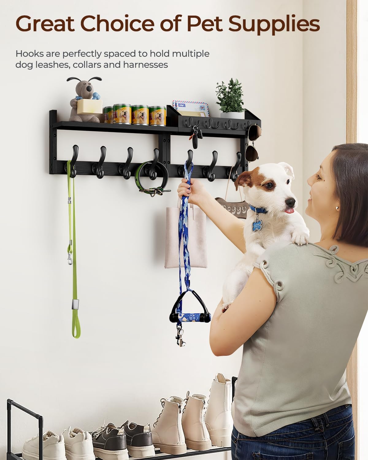 " Coat Rack Wall Mount with Shelf, 4 in 1 Entryway Key Holder with 7 Coat Hooks 4 Key Hangers Mail Organizer, Wood Wall Shelf for Living Room, Bedroom, Bathroom