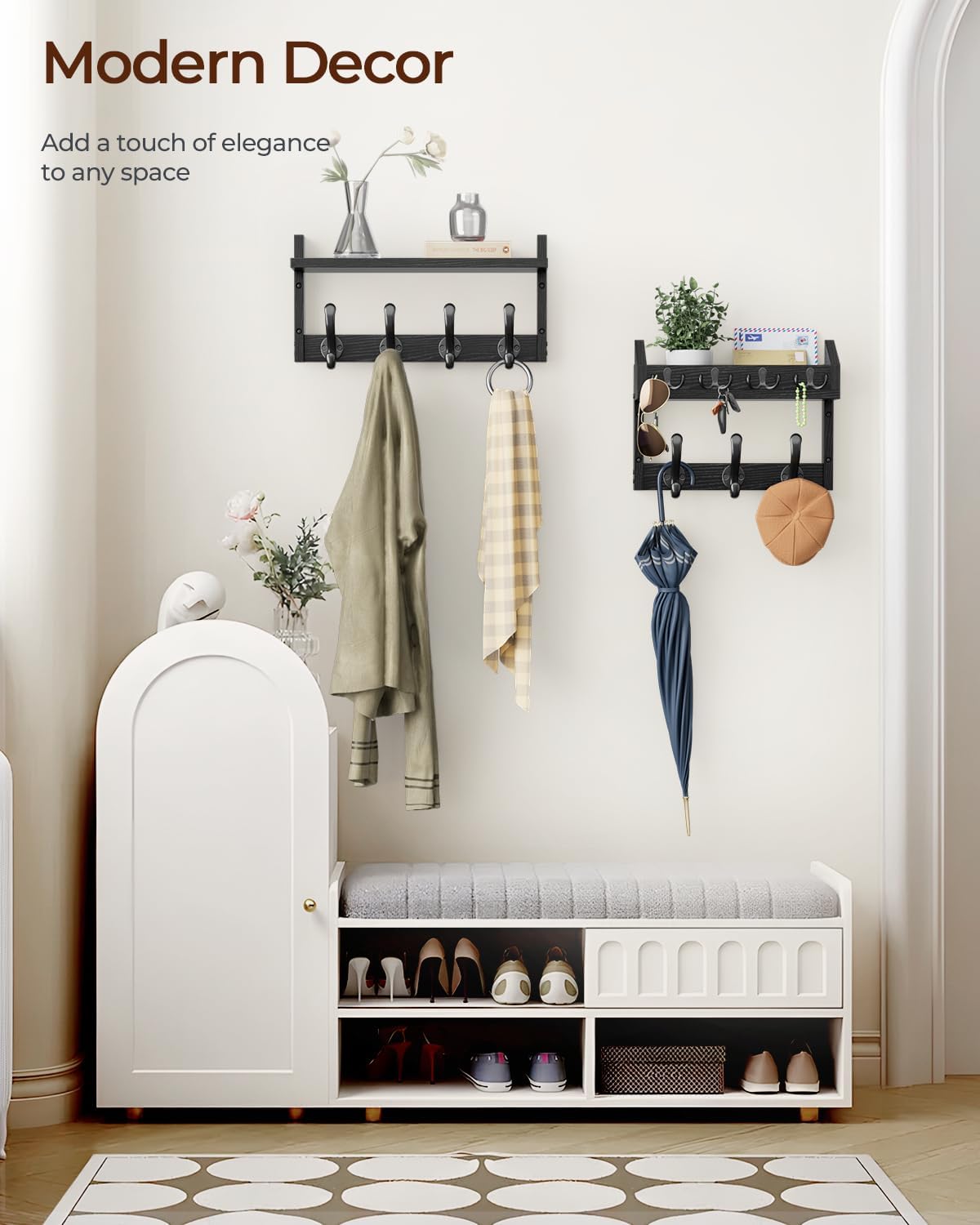 " Coat Rack Wall Mount with Shelf, 4 in 1 Entryway Key Holder with 7 Coat Hooks 4 Key Hangers Mail Organizer, Wood Wall Shelf for Living Room, Bedroom, Bathroom