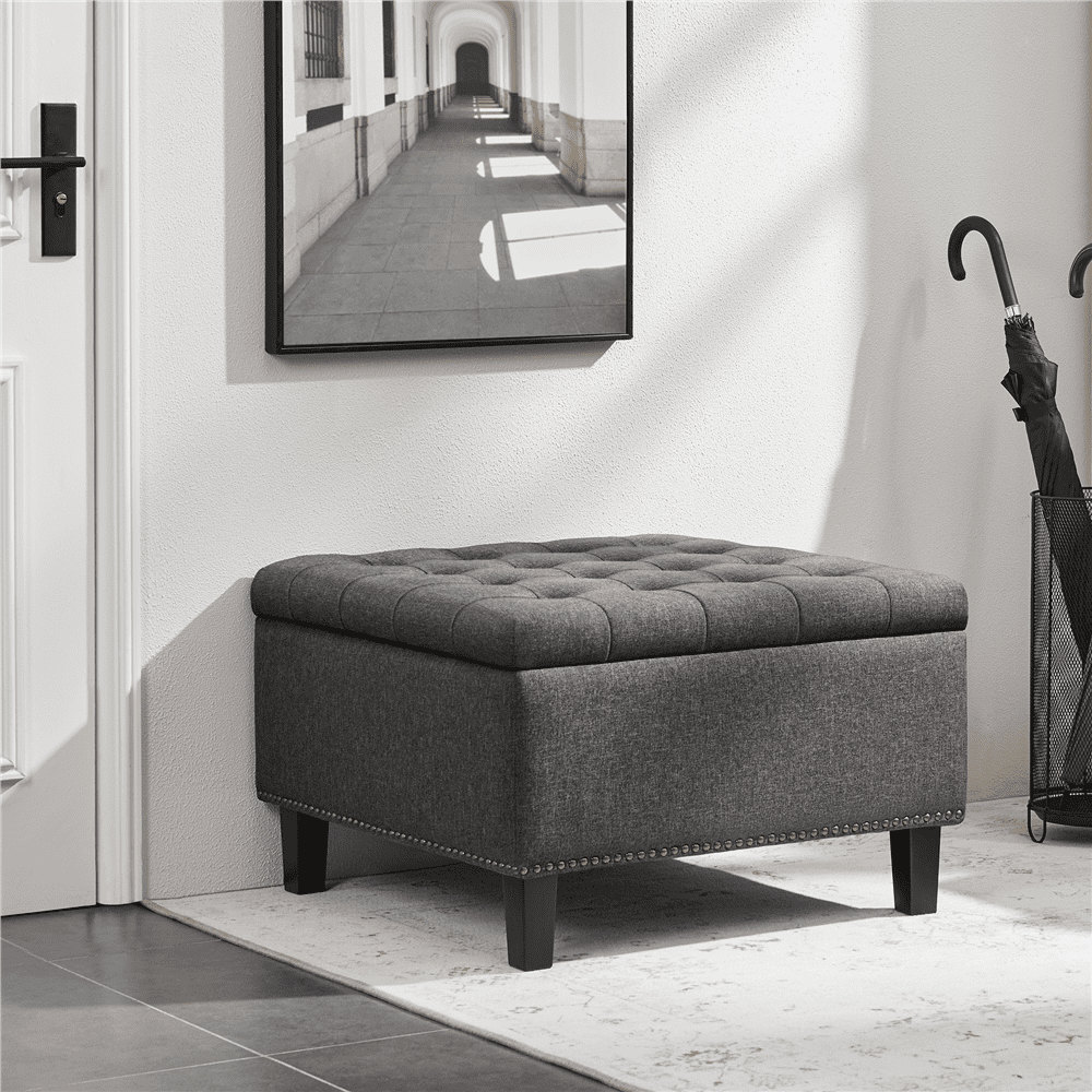 Alden Design Modern Linen-like Storage Ottoman Bench with Button-Tufted for Entryway, Dark Gray