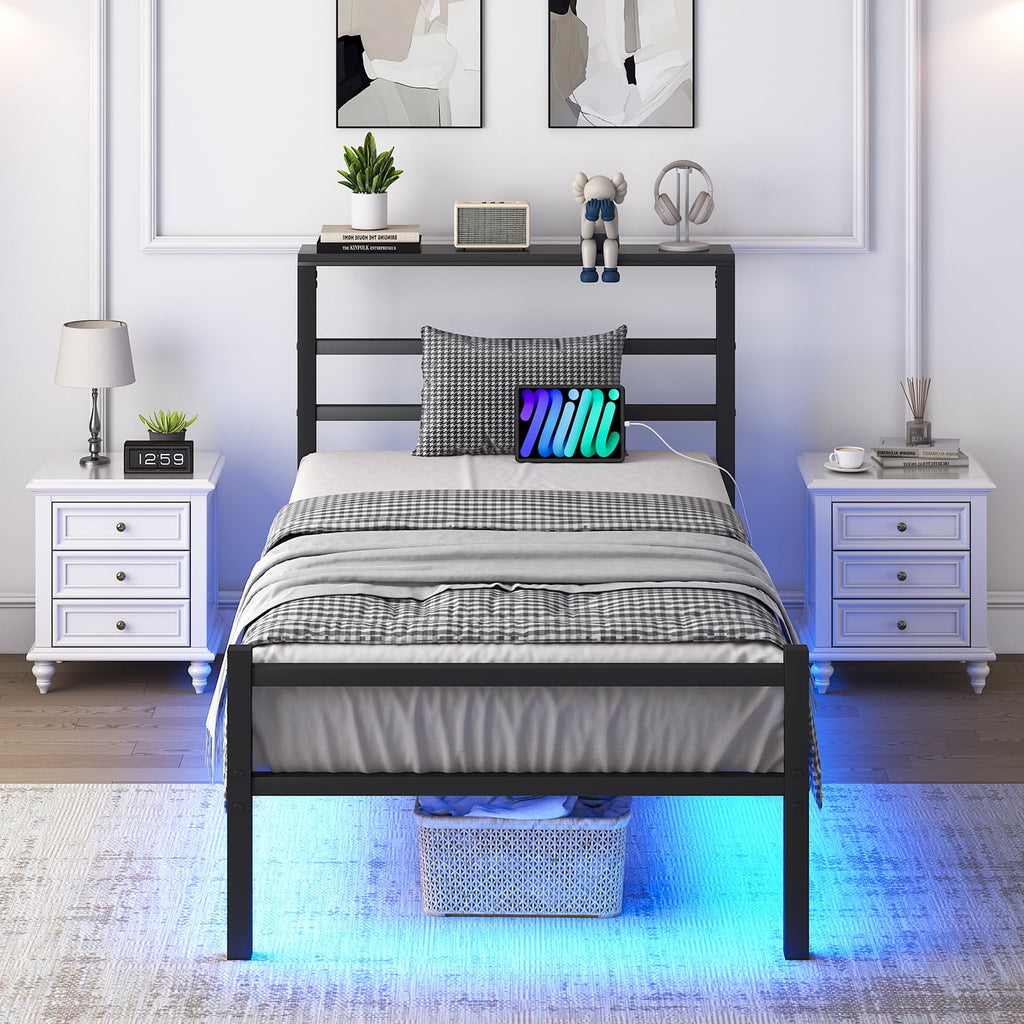 4 EVER WINNER Twin Size Bed Frame with LED Light, Twin LED Bed Frame with Charging Station, Metal Platform Bed Frame with Shelf Headboard, Black