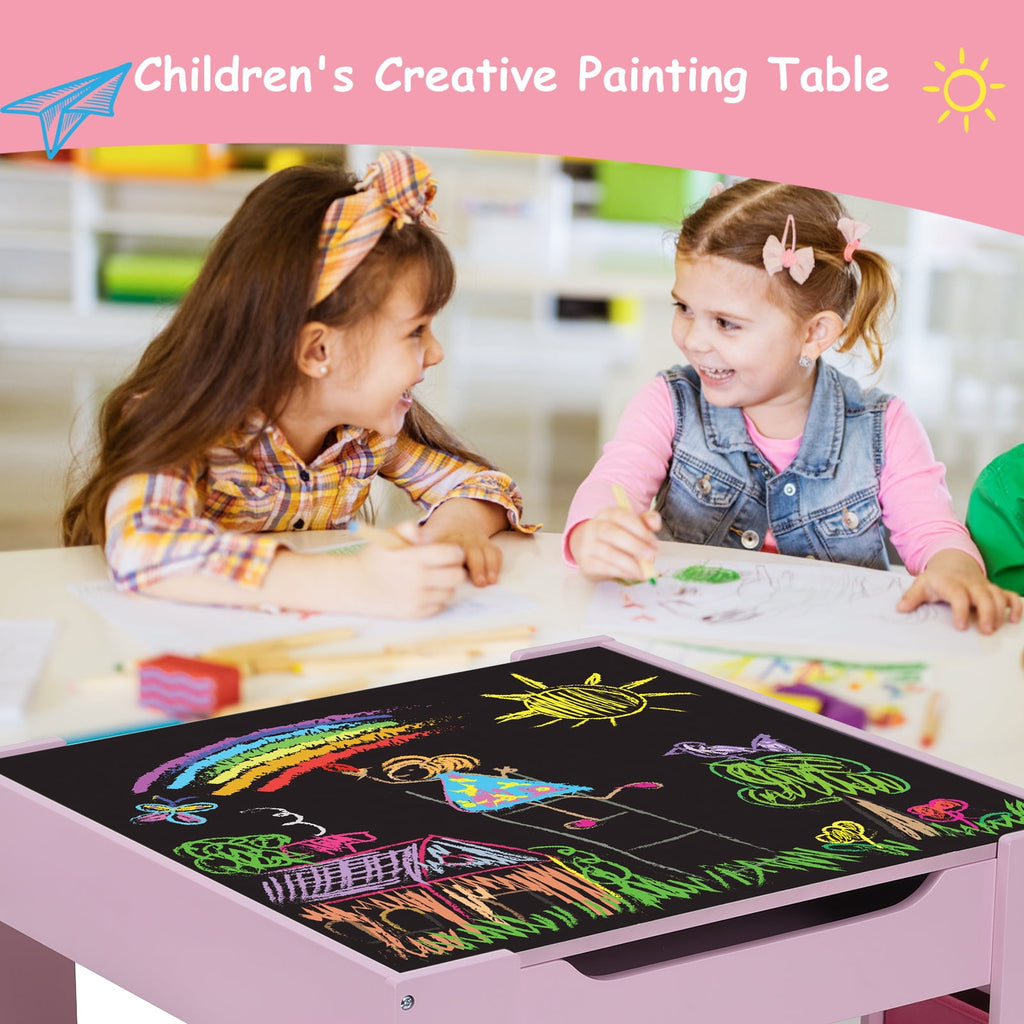 Arlopu Kids Table and 2 Chairs Set, Wooden 3pcs Activity Play Table Set for Toddlers Art Crafts Drawing Reading