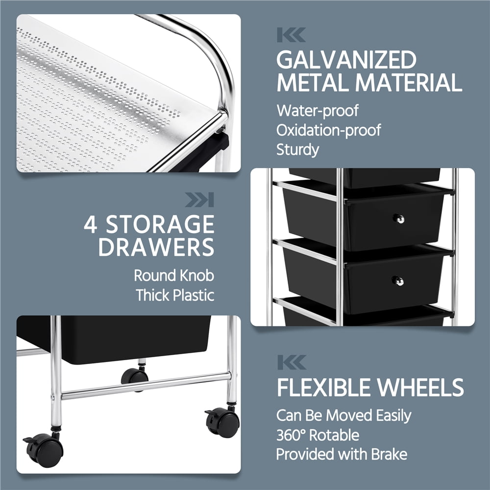 Alden Design 4 Drawers Metal Frame Storage Cart Rolling Bin Trolley, Black