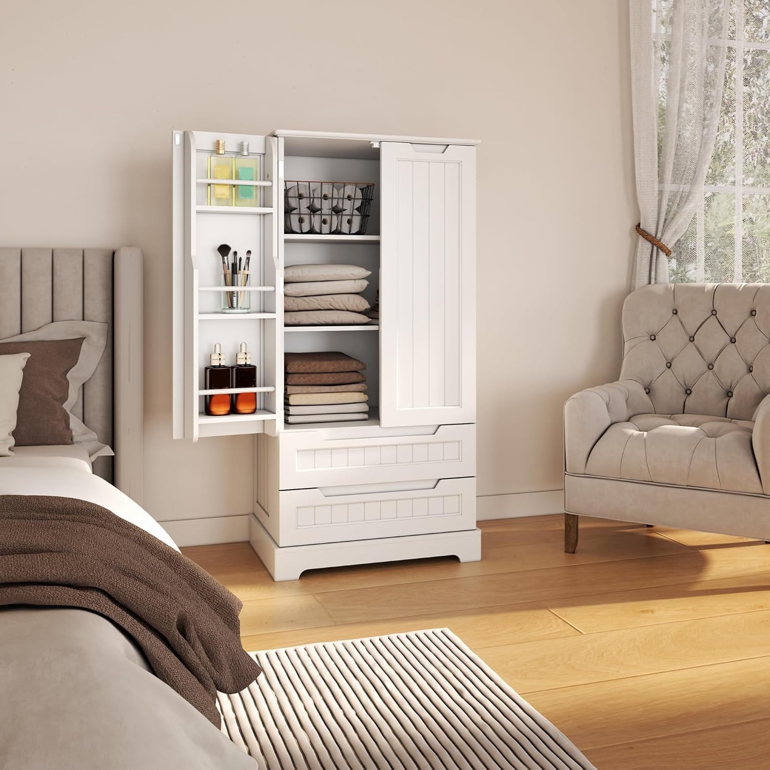 Aiho 47" Tall Kitchen Storage Cabinet with 2 doors and 2 drawers, Storage Cabinet for Kitchen and Living room, White