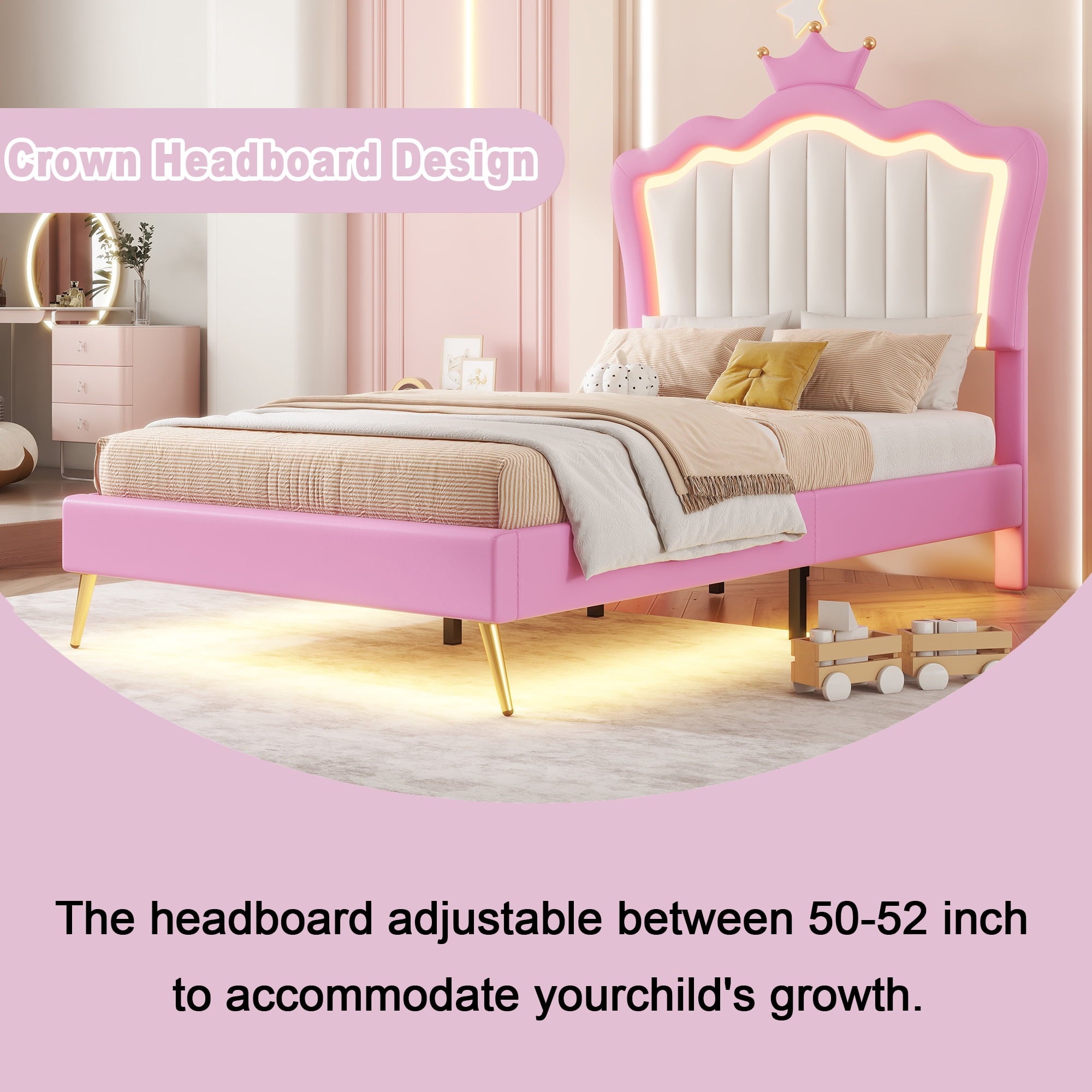 Bellemave Twin Size Upholstered LED Bed Frame, Princess Platform Bed with Crown Headboard, Pink Cute Girls Full Beds with Wooden Slats Support, No Box Spring Needed-Pink
