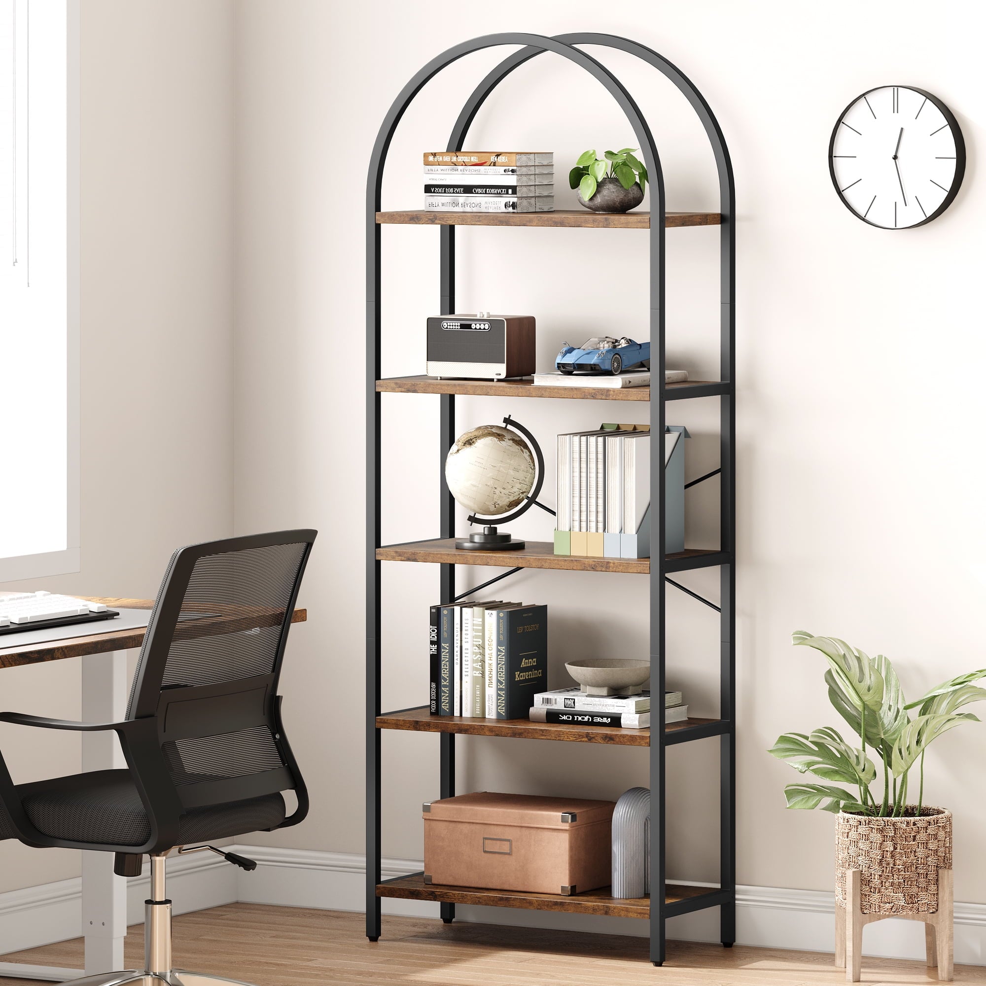 Arched Bookshelf, 5-Tier Open Bookshelf, Modern Storage Bookcase with Metal Frame and Shelves, Freestanding Display Rack Tall Shelving Unit for Bedroom, Living Room, Home Office