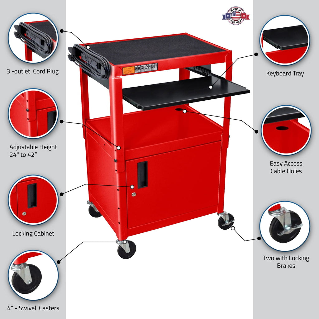 Adjustable Height Red Metal A/V Cart With Pullout Keyboard Tray And Cabinet