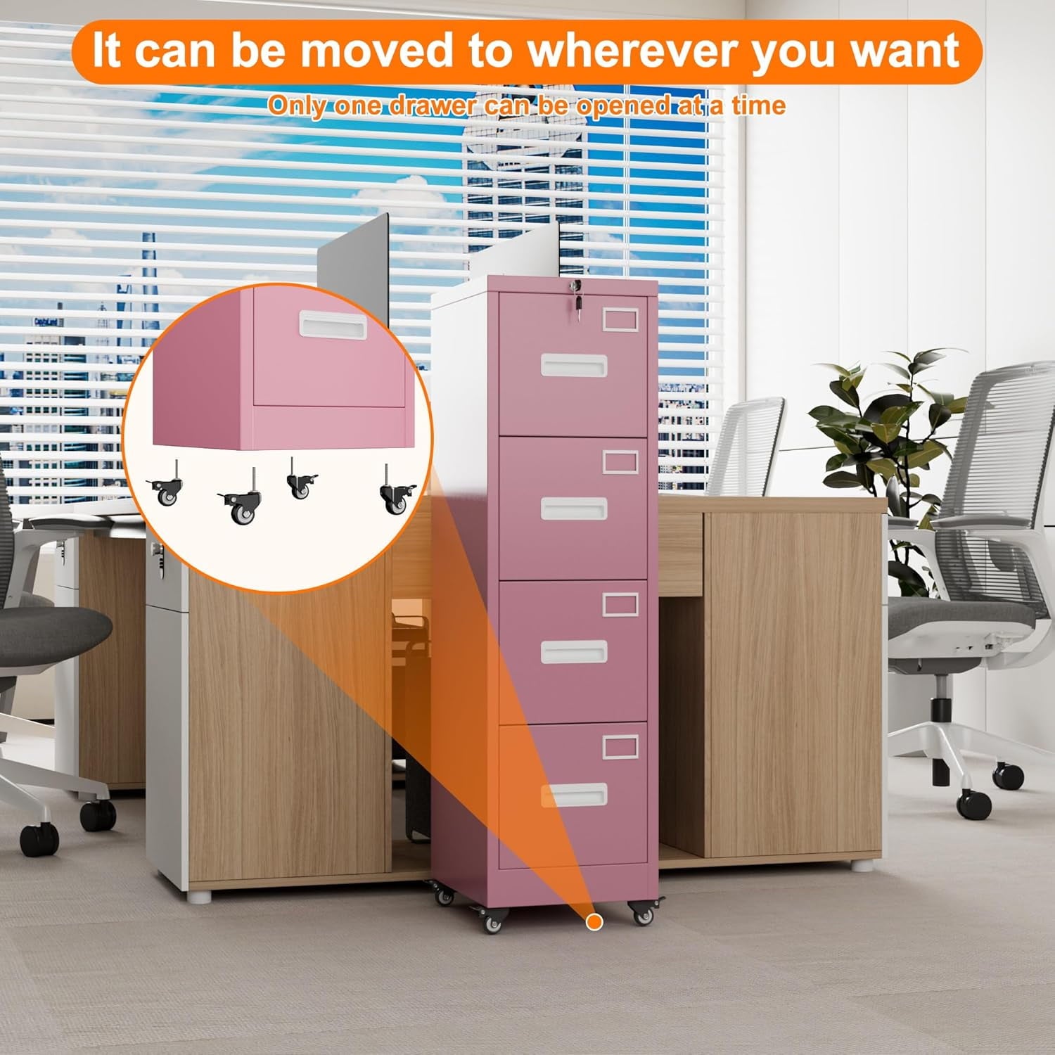 Aobabo File Cabinet 4 Drawer with Wheels, Lockable Office Metal Filing Cabinet with Name Card for Office and Home,Assembly Required,Pink