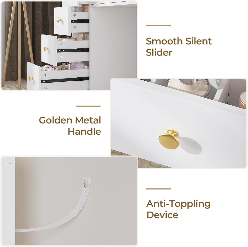 Aunfebrco Makeup Vanity Desk with Lighted Mirror and Drawers, Vanity Desk Table Dressing Table with Charging Station & Lights for Bedroom, White