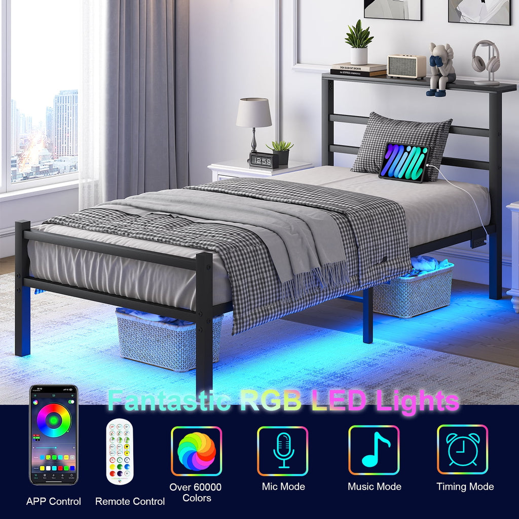 4 EVER WINNER Twin Size Bed Frame with LED Light, Twin LED Bed Frame with Charging Station, Metal Platform Bed Frame with Shelf Headboard, Black