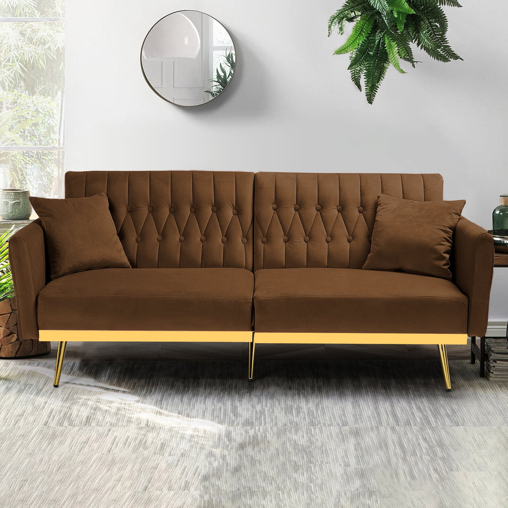 ACMEASE 70” Velvet Futon Sofa Bed with Adjustable Armrests and 2 Pillows, Convertible Futon Couch, Brown