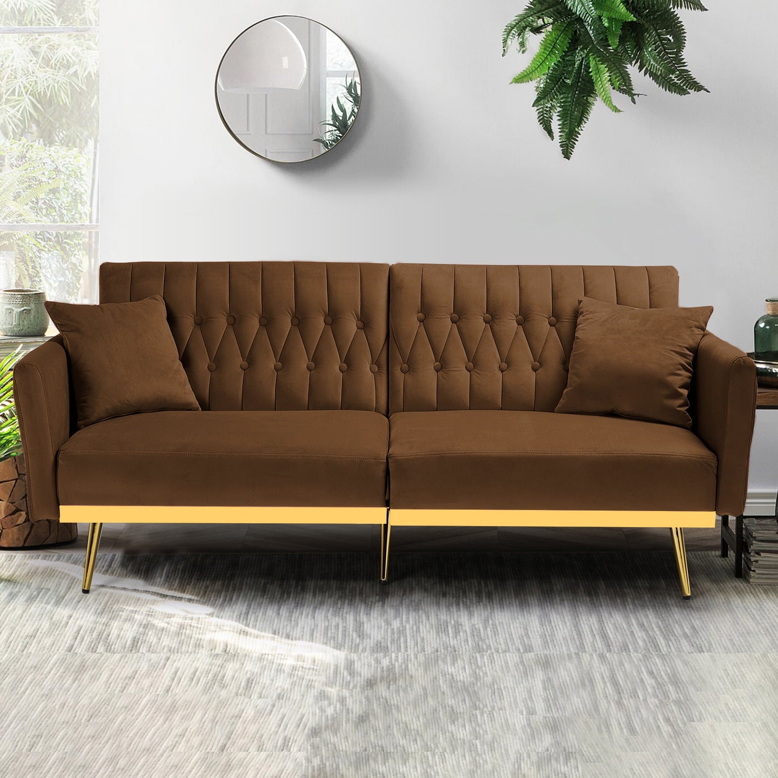 ACMEASE 70” Velvet Futon Sofa Bed with Adjustable Armrests and 2 Pillows, Convertible Futon Couch, Brown