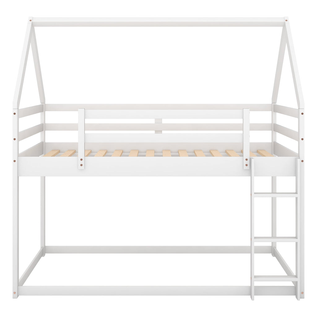 Aukfa Low Bunk Bed, Twin-Over-Twin House Bed Frame for Kids with Stair - White