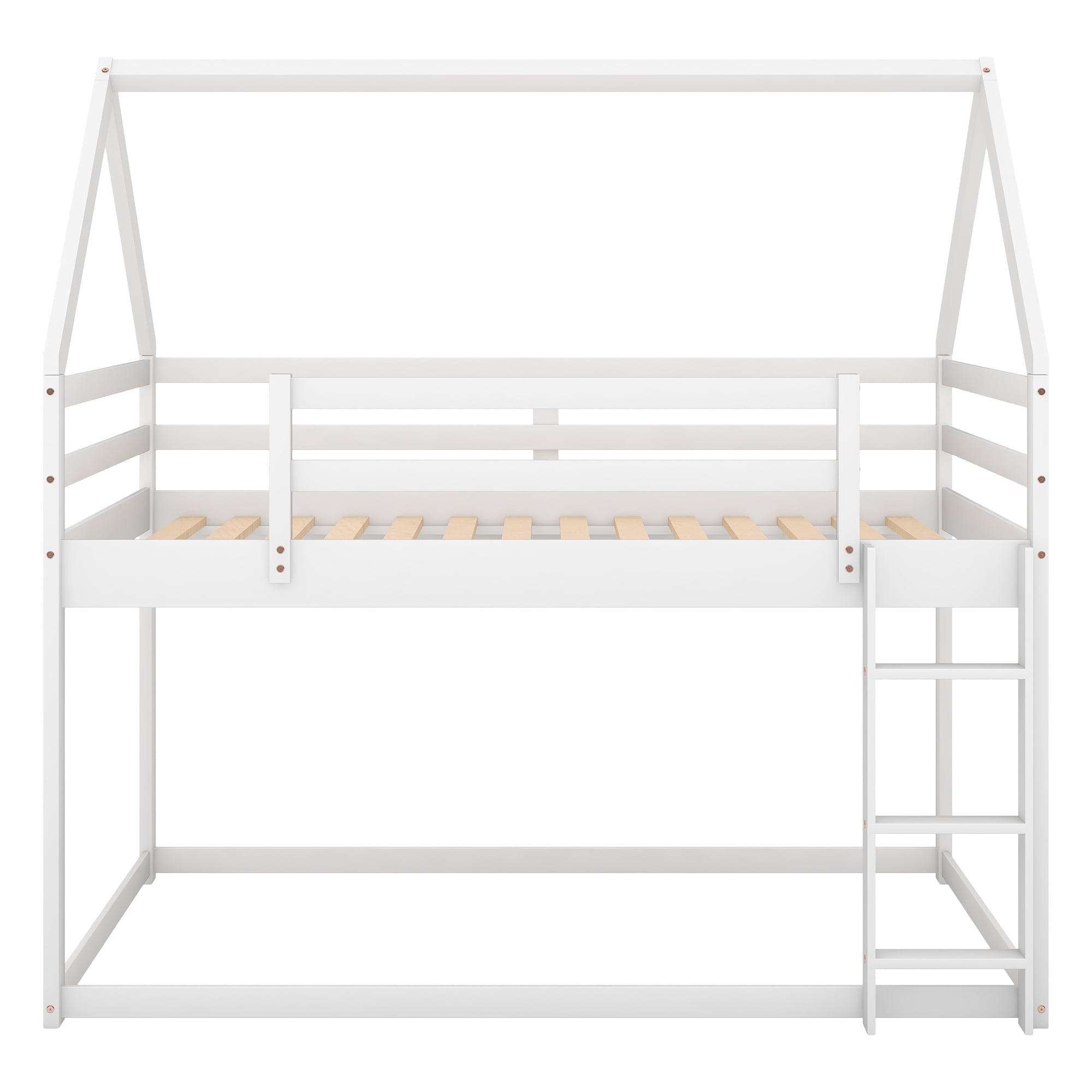 Aukfa Low Bunk Bed, Twin-Over-Twin House Bed Frame for Kids with Stair - White