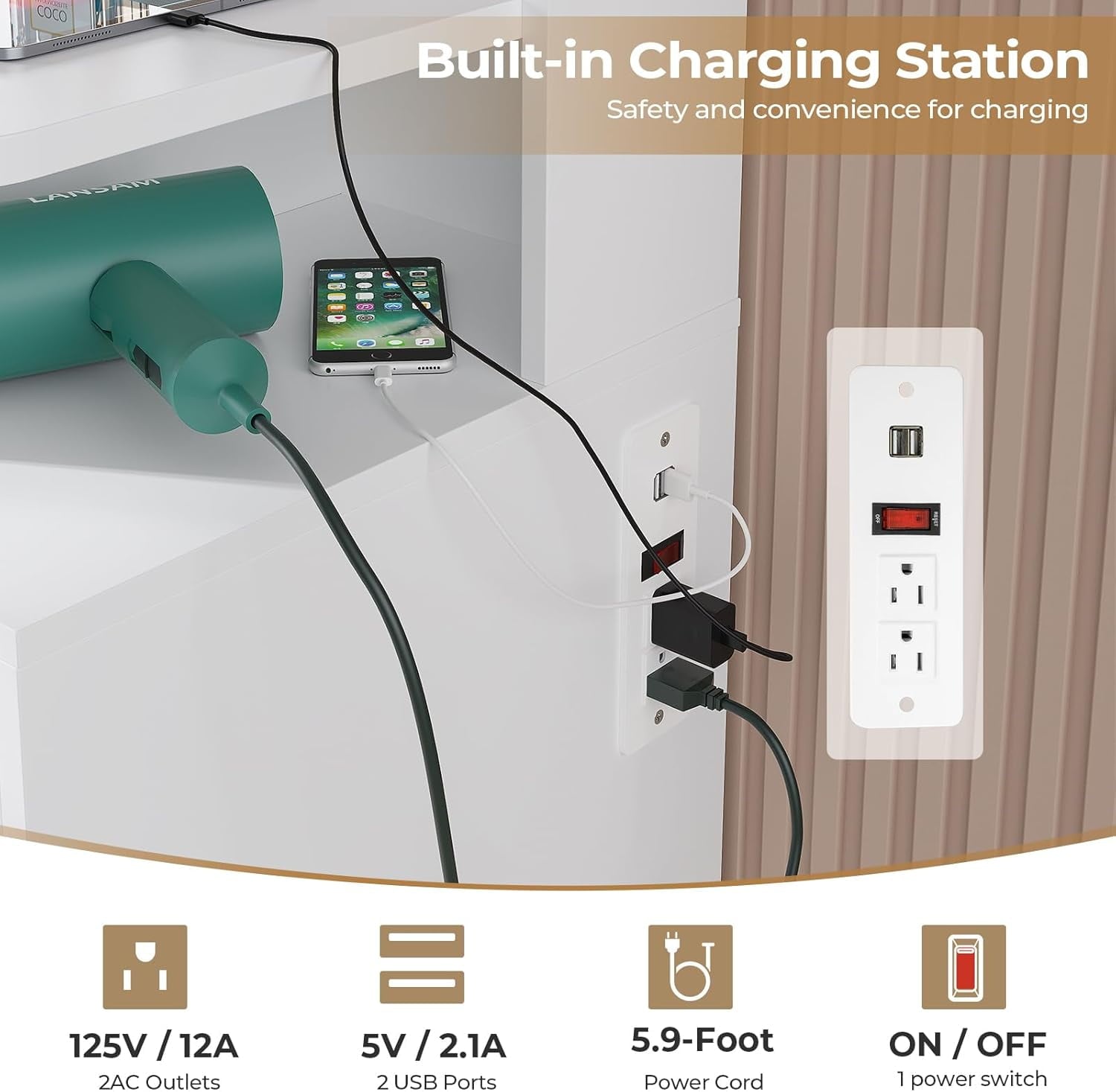 Aunfebrco Makeup Vanity Desk with Lighted Mirror and Drawers, Vanity Desk Table Dressing Table with Charging Station & Lights for Bedroom, White