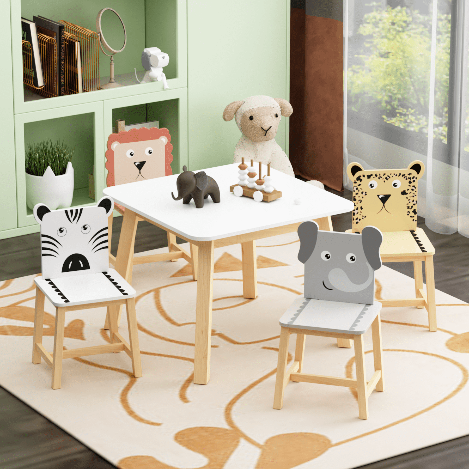 5 Pieces Kids Table and 4 Chairs Set for Ages 3-8 Boy Girl, Wood Kiddy Table with 4 Chairs Set Cartoon Animals, 19.7''H Square Activity Table and Chairs Set for Home, Nursery, Kindergarten, White