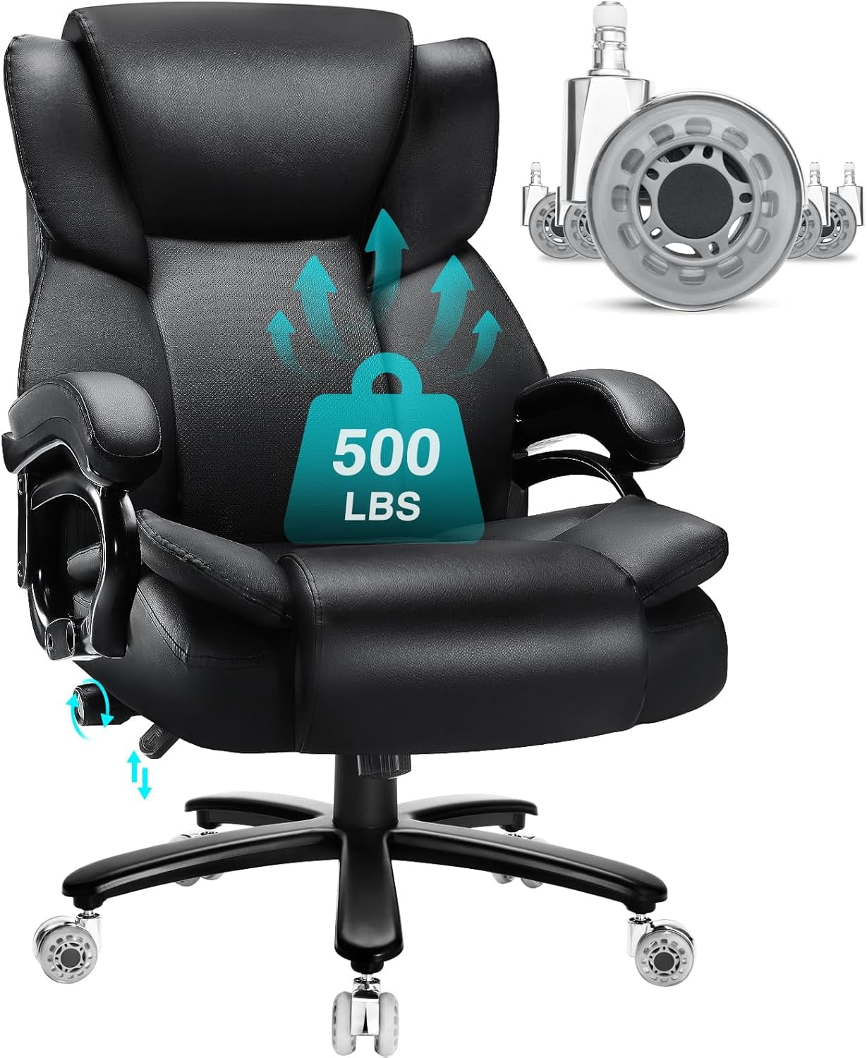 500lbs Big and Tall Office Chair with Dual Rubber Wheel, Heavy Duty Office Chair for Low Back Pain Relief, Large Executive Office Chair with Adjustable Lumbar Support