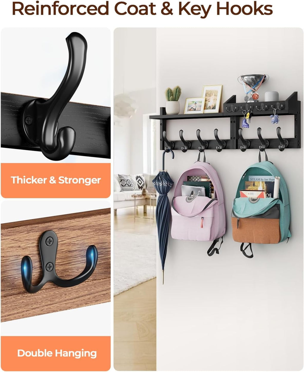 " Coat Rack Wall Mount with Shelf, 4 in 1 Entryway Key Holder with 7 Coat Hooks 4 Key Hangers Mail Organizer, Wood Wall Shelf for Living Room, Bedroom, Bathroom
